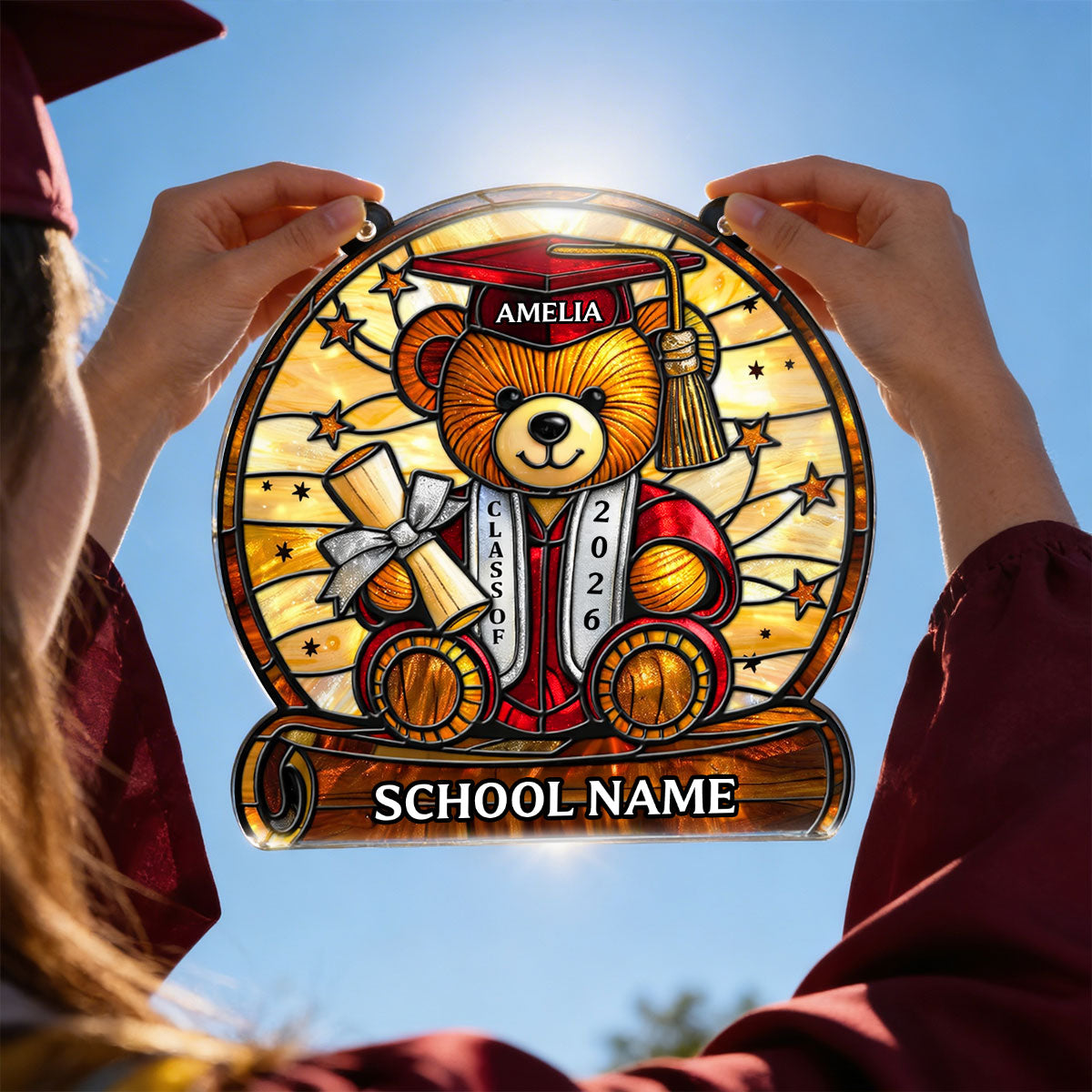 Graduation Teddy Bear With Diploma And Cap - Personalized Suncatcher - Gift For Senior