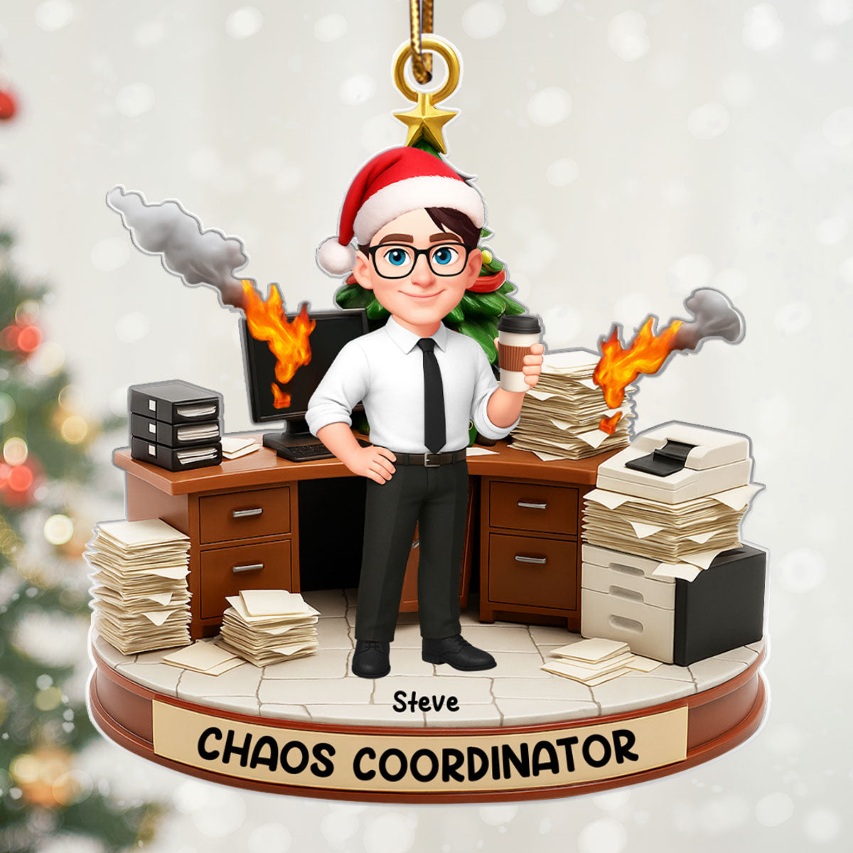 Office Chaos Coordinator - Personalized Acrylic Ornament - Funny Christmas Gift for Coworkers, White Elephant, Secret Santa Gift