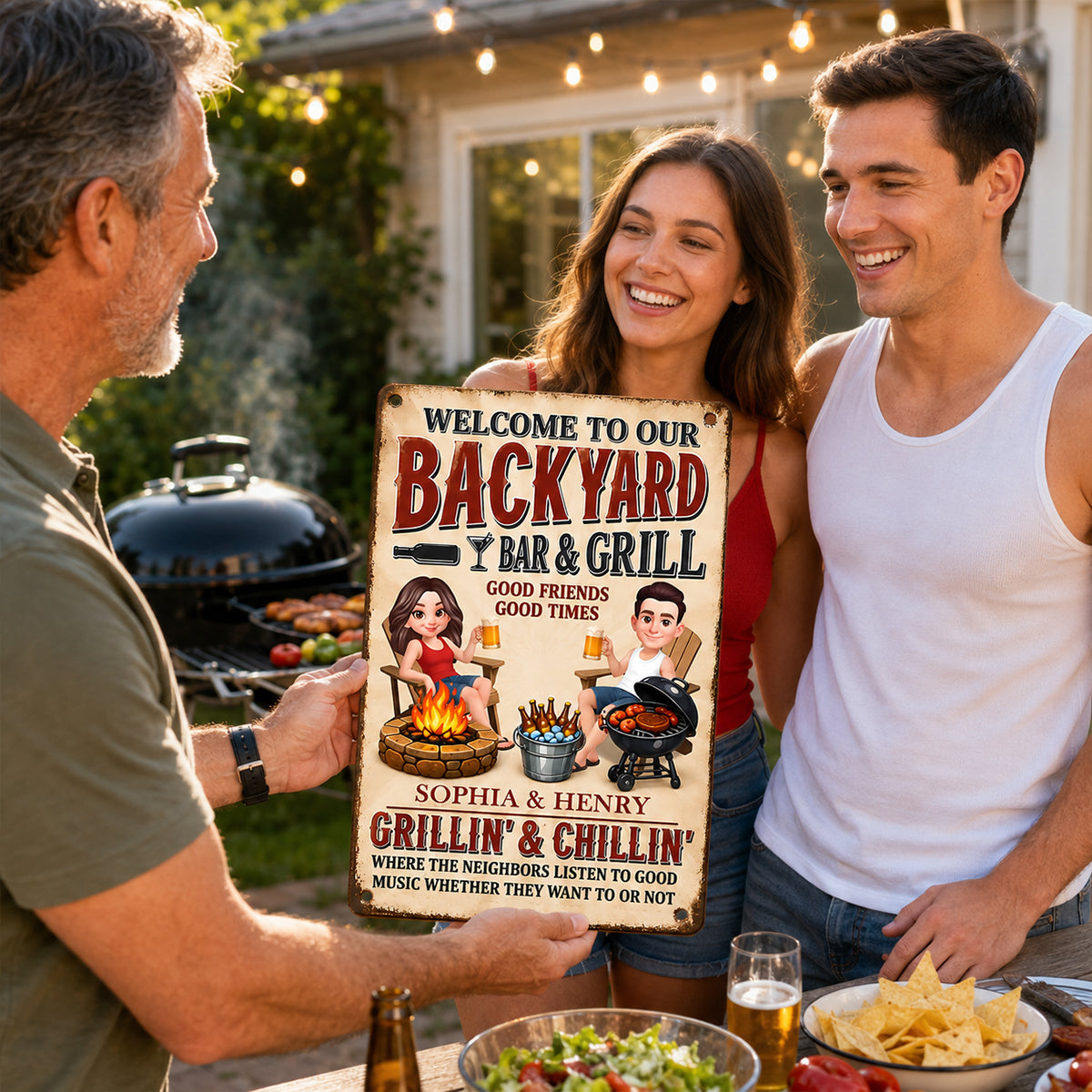 Welcome To Our Backyard Bar & Grill - Personalized Metal Sign - Gift For Couple, Family, Summer Decorations