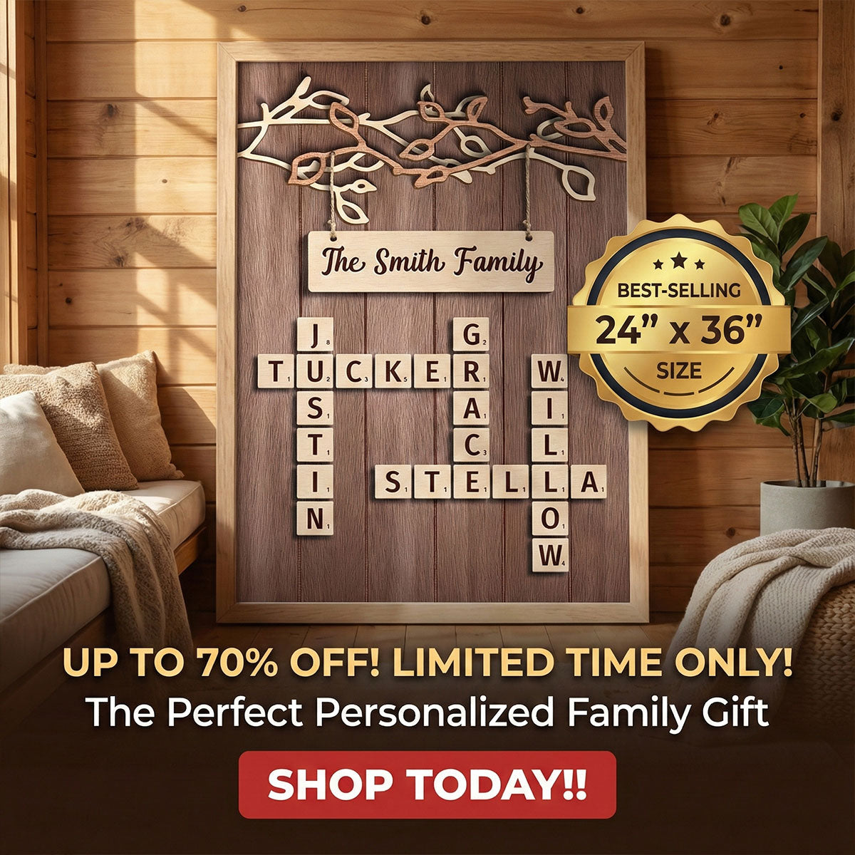 Rustic Vintage Family Forever Linked Together Crossword Puzzle Art - Personalized Poster - Heartfelt Gift For Family