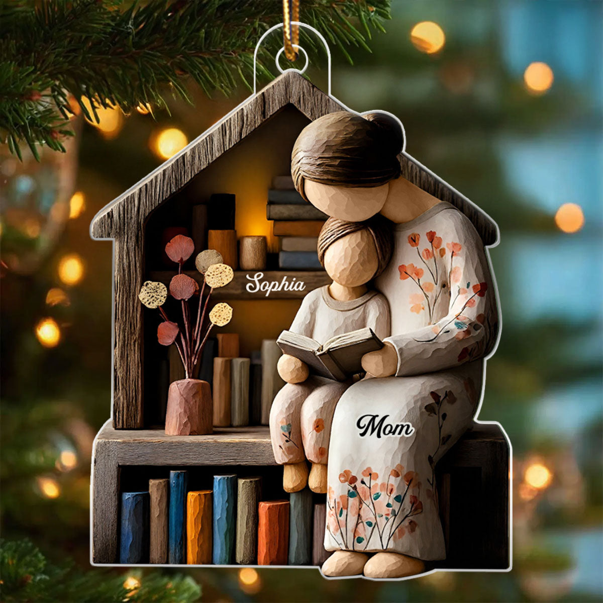 Mom And Daughter Son Reading Book Faux Wood - Personalized Acrylic Ornament - Heartwarming Christmas Gift For Mom, Family