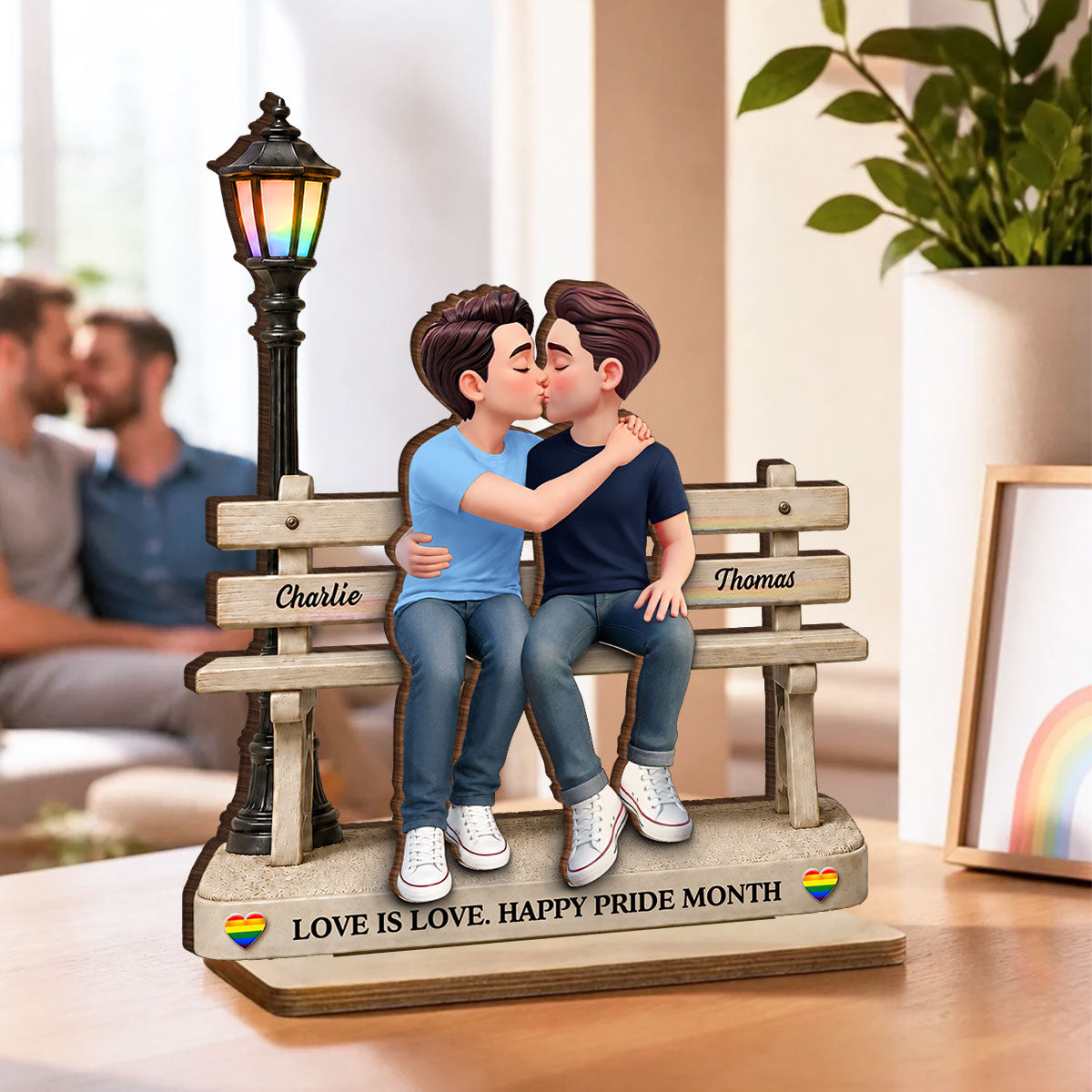 LGBT+ Couple Sitting On Bench - Personalized 2-Layered Wooden Plaque - Gift For Couple, Happy Pride Month
