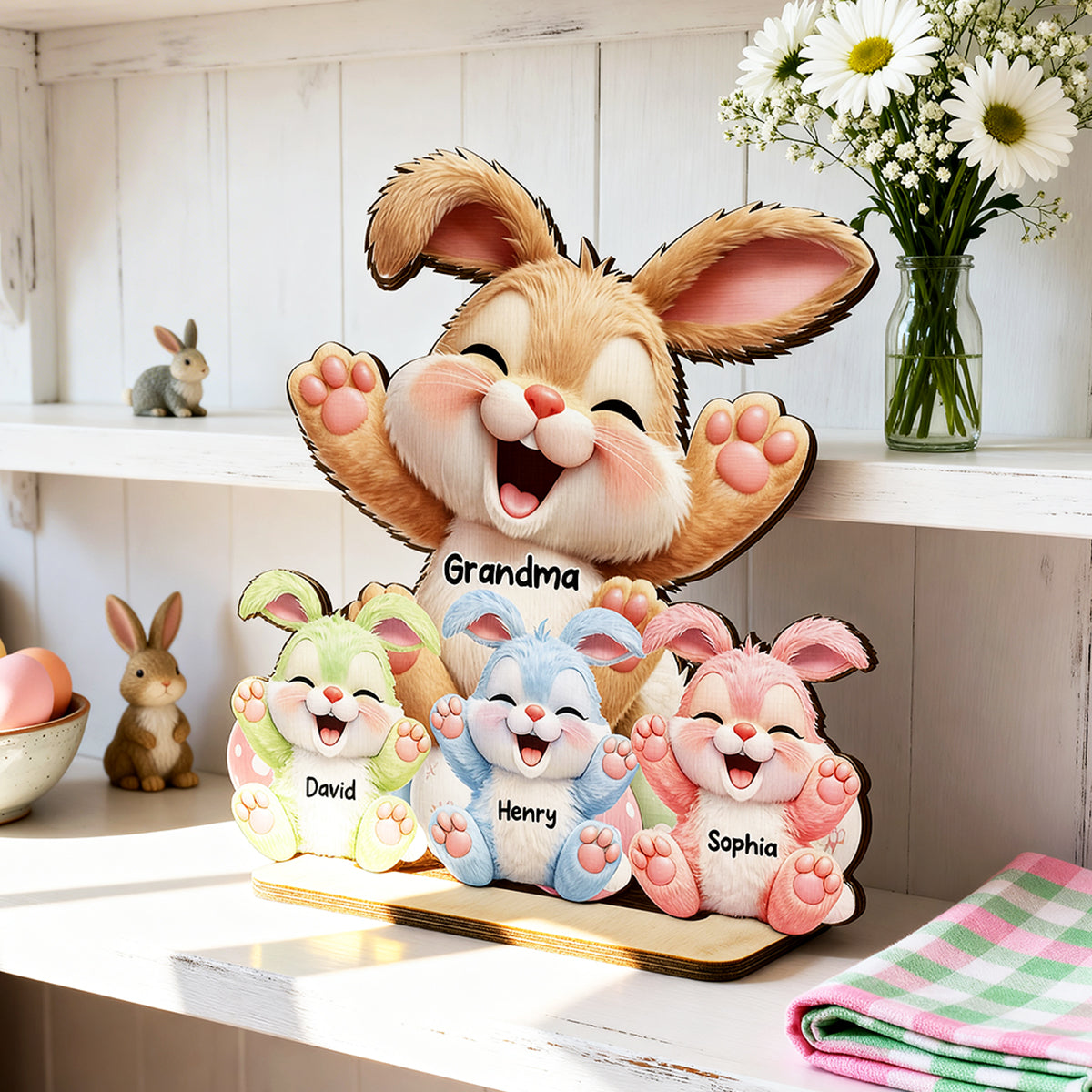 Grandma Bunny Easter Eggs - Personalized 2-Layered Wooden Plaque - Easter Decor for Grandma