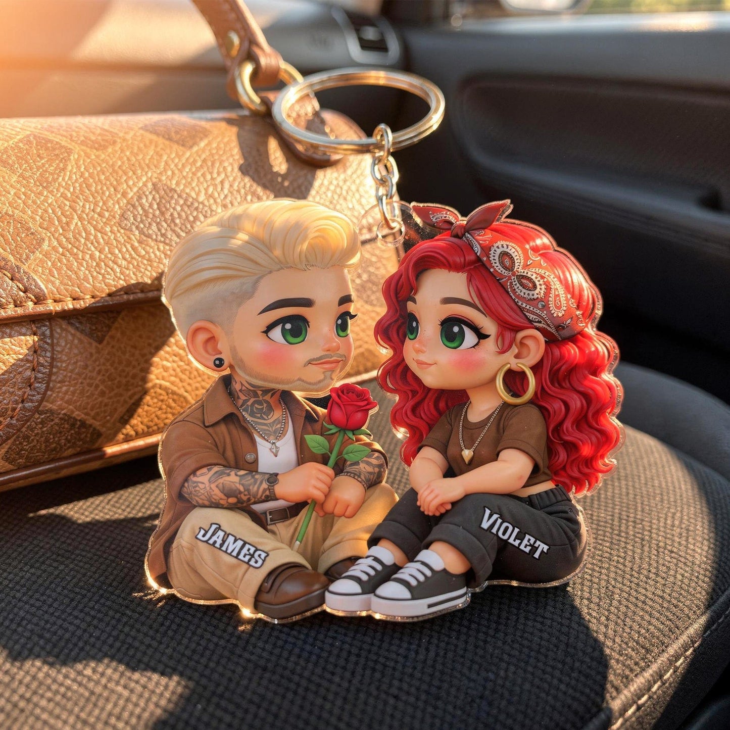 3D Effect Cute Couple A Rose For You - Personalized Acrylic Car Hanger - Valentine's Gift For Him, For Her, For Couple