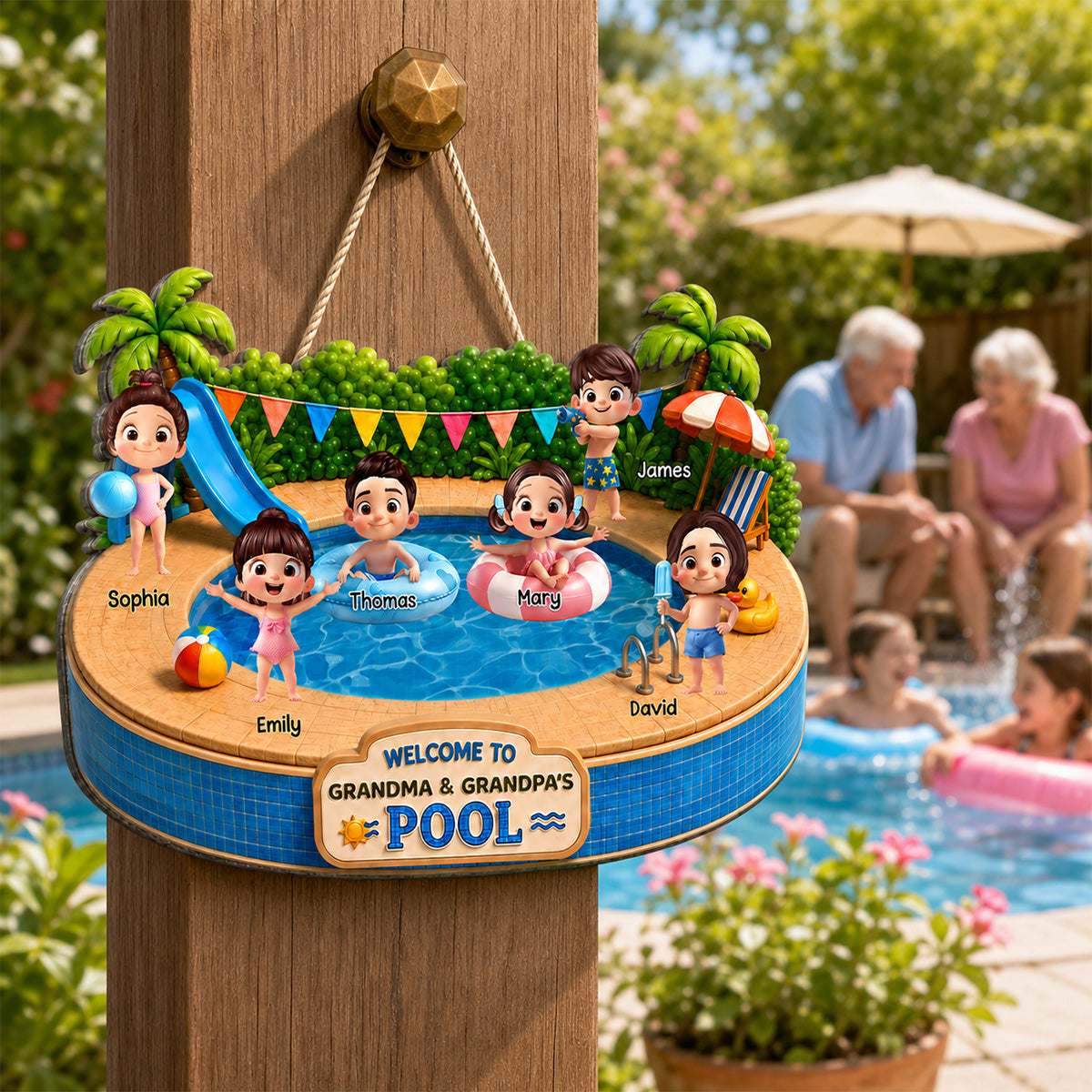 Welcome To Grandma Grandpa Pool Playful Kids 2D Flat - Personalized Wood Sign