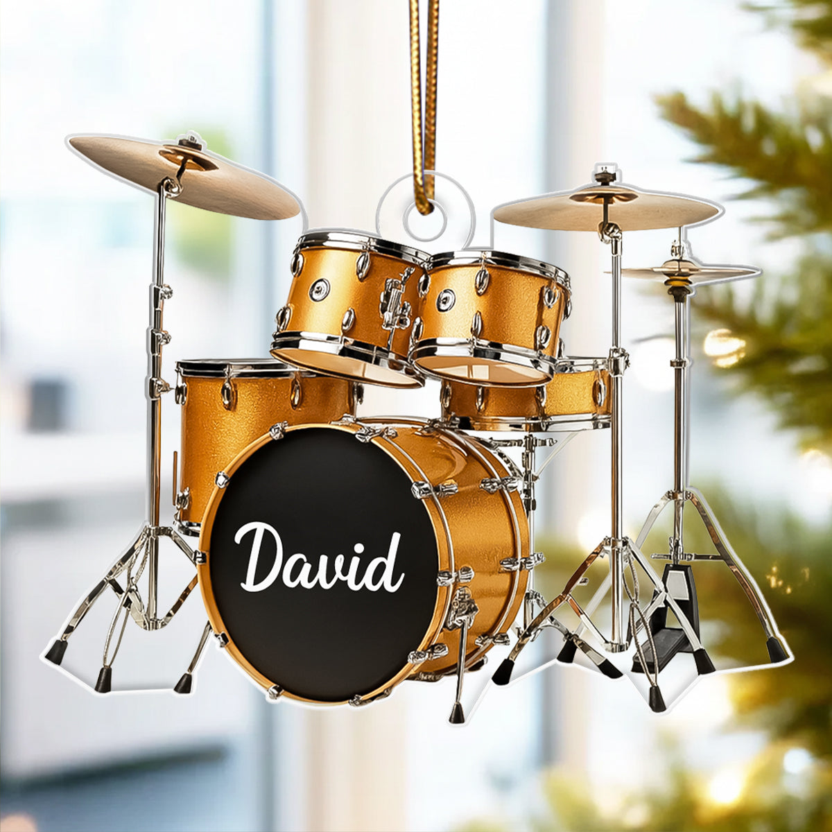 Custom Name Gold Drum Set - Personalized Acrylic Ornament -  Thoughtful Drummer Christmas Gift, Musician Christmas Tree Hanging Decor