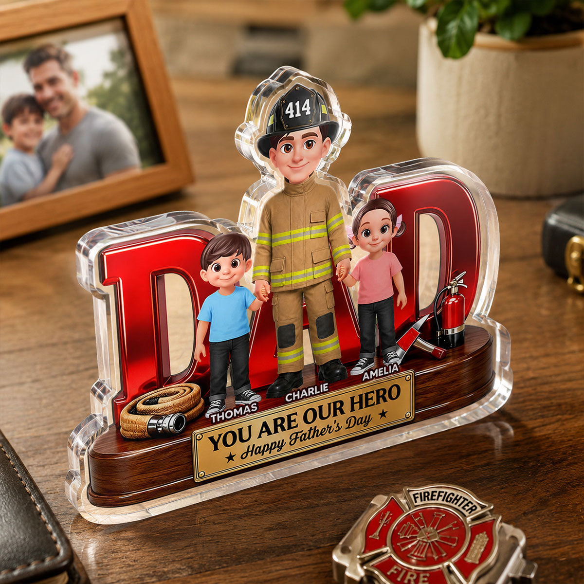 Proud Firefighter Dad You Are Our Hero - Personalized Acrylic Block Plaque -  Gift For Dad, Husband