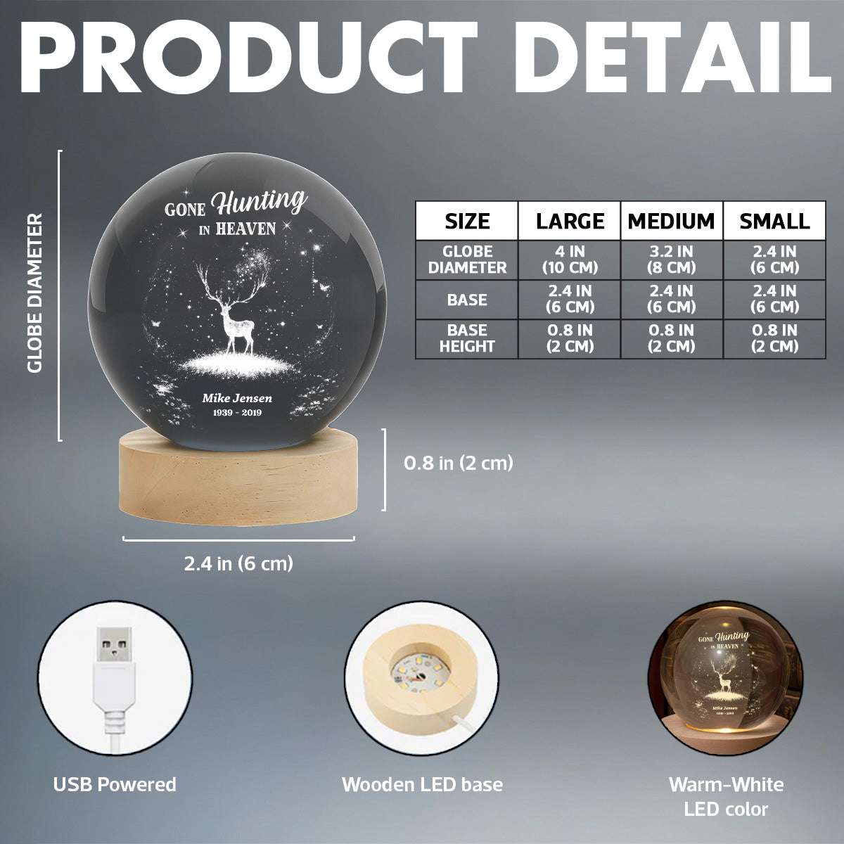 Gone Hunting In Heaven - Personalized Crystal Ball LED Night Light - Memorial Remembrance Keepsake For Hunting Lover