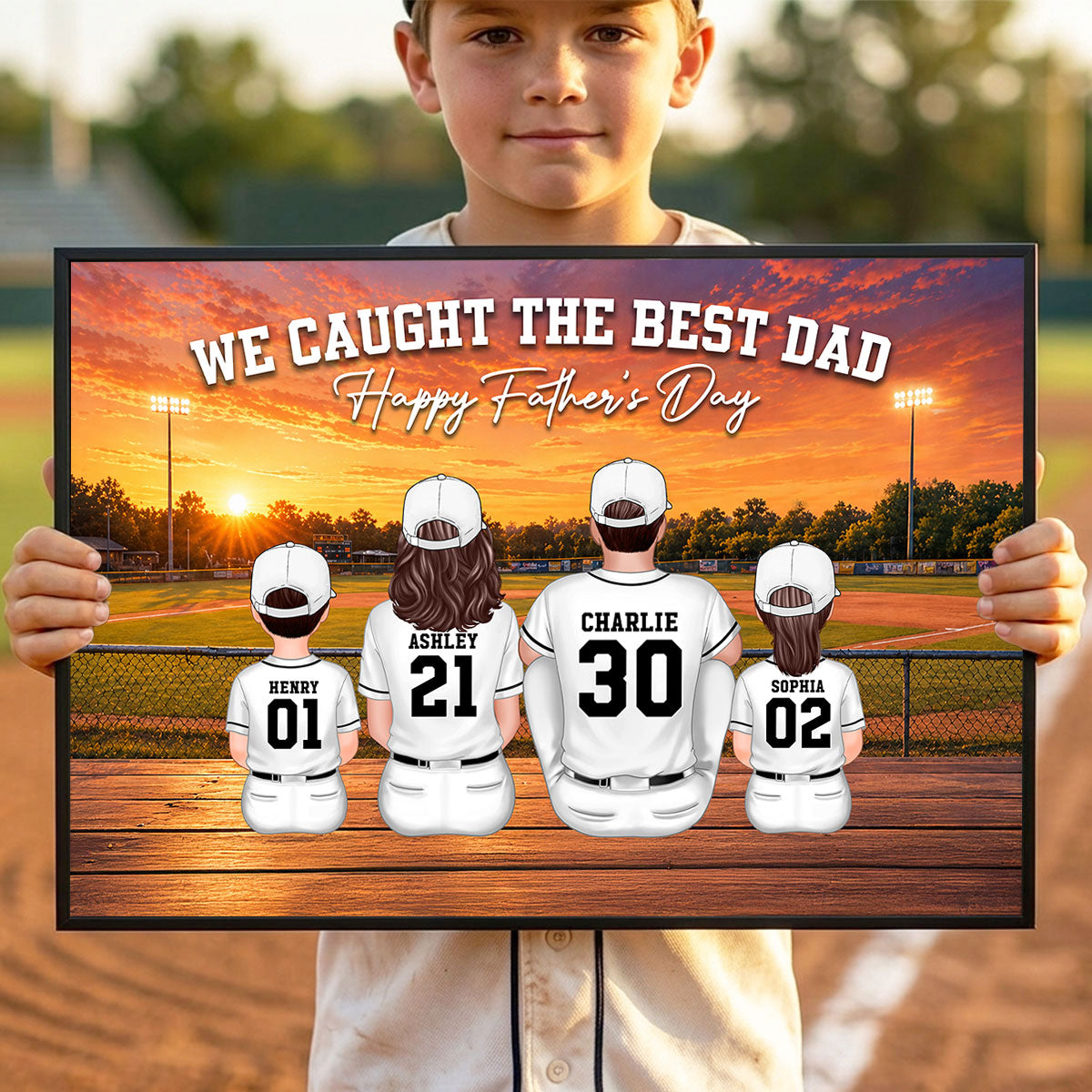 Baseball Bleachers Sunset We Caught The Best Dad - Personalized Poster - Father's Day Gift For Baseball Dad, Husband