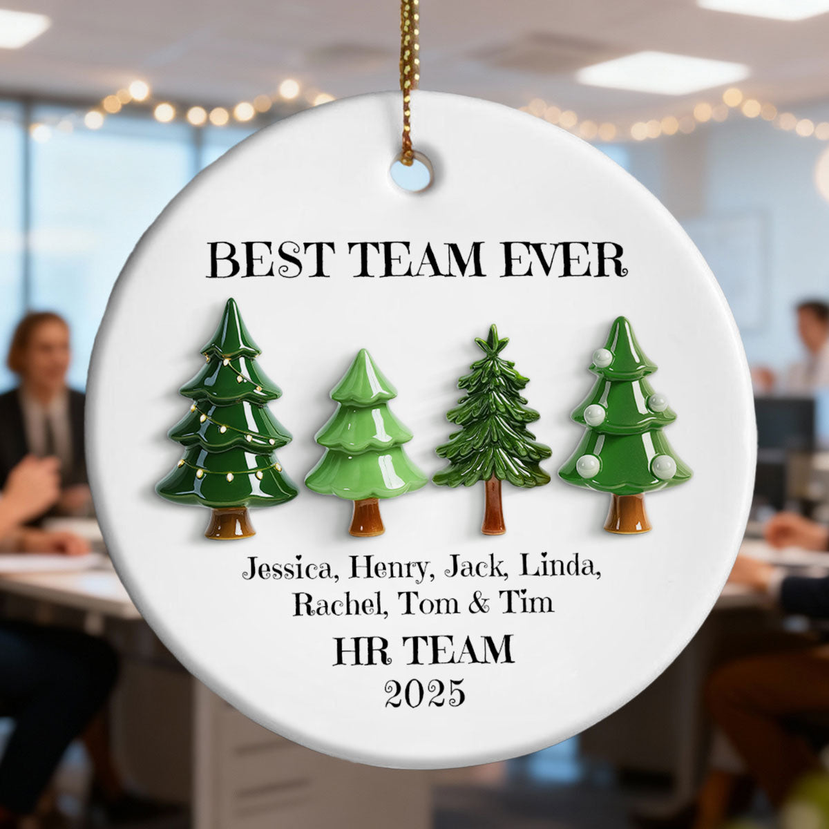 Best Team Ever Christmas Tree Line 3D Effect - Personalized Ceramic Ornament - Gift For Colleagues, Coworkers