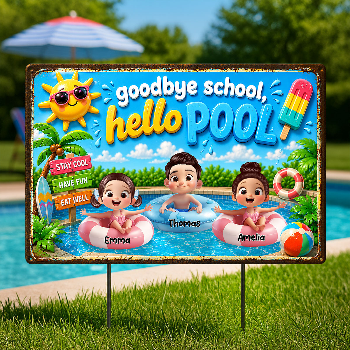 Goodbye School Hello Summer - Personalized Metal Sign - Summer Decorations