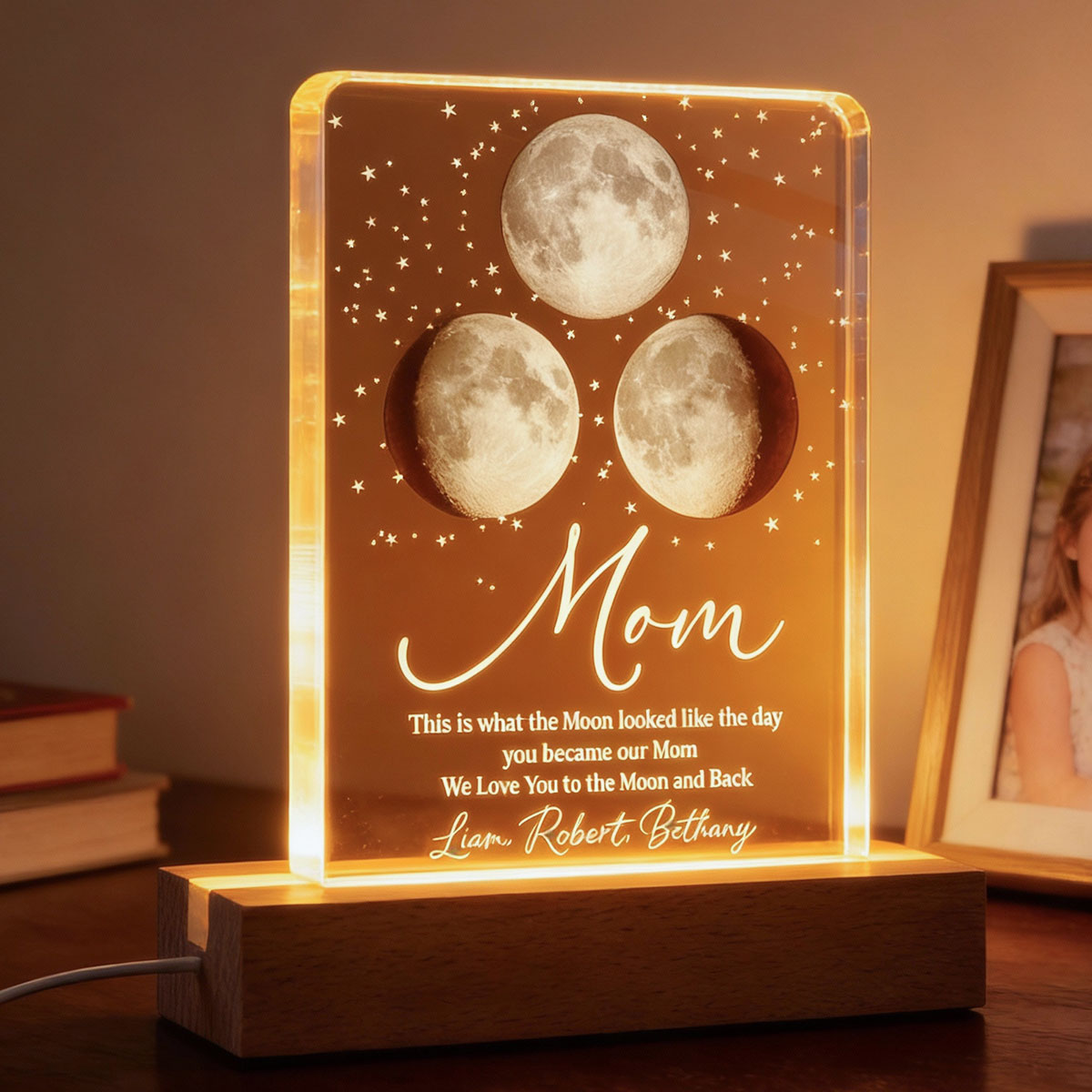 Mom I Love You to the Moon and Back, Custom Moon Phase by Date - Personalized Acrylic Block LED Night Light - Heartfelt Gift for Mom