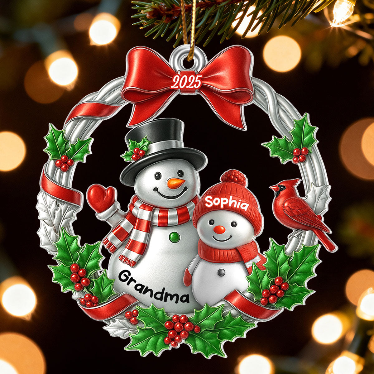 3D Metallic Effect Snowman Grandma Grandkid - Personalized Acrylic Ornament - Christmas Gift for Grandma