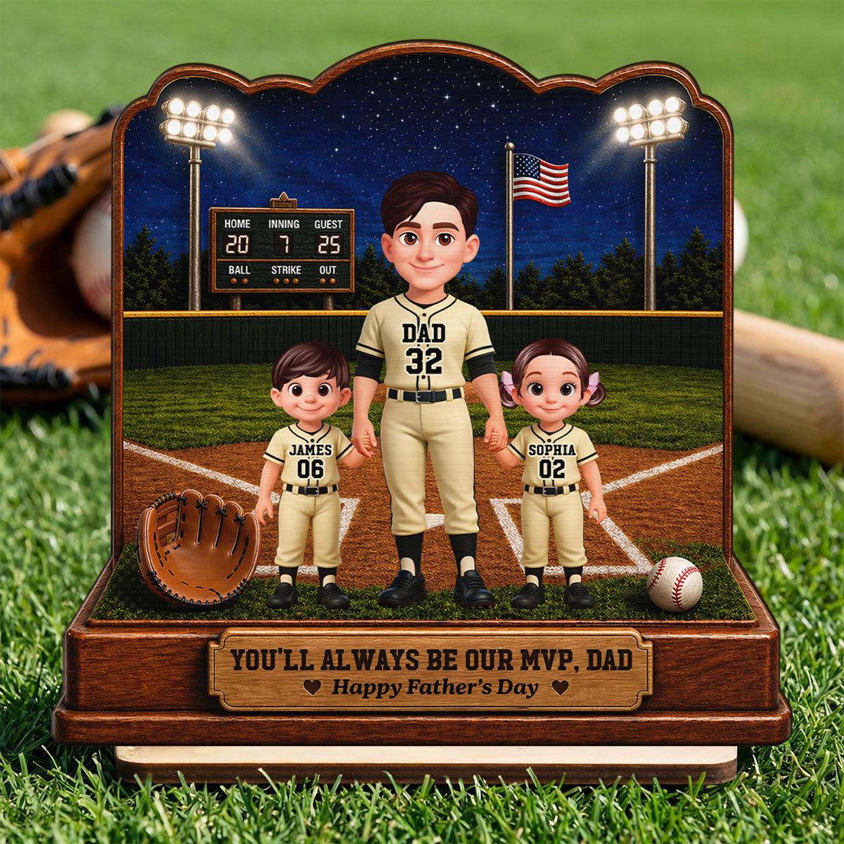 Baseball Dad And Kids Friday Night Lights We Caught The Best Dad - Personalized 2-Layered Wooden Plaque -  Gift For Dad