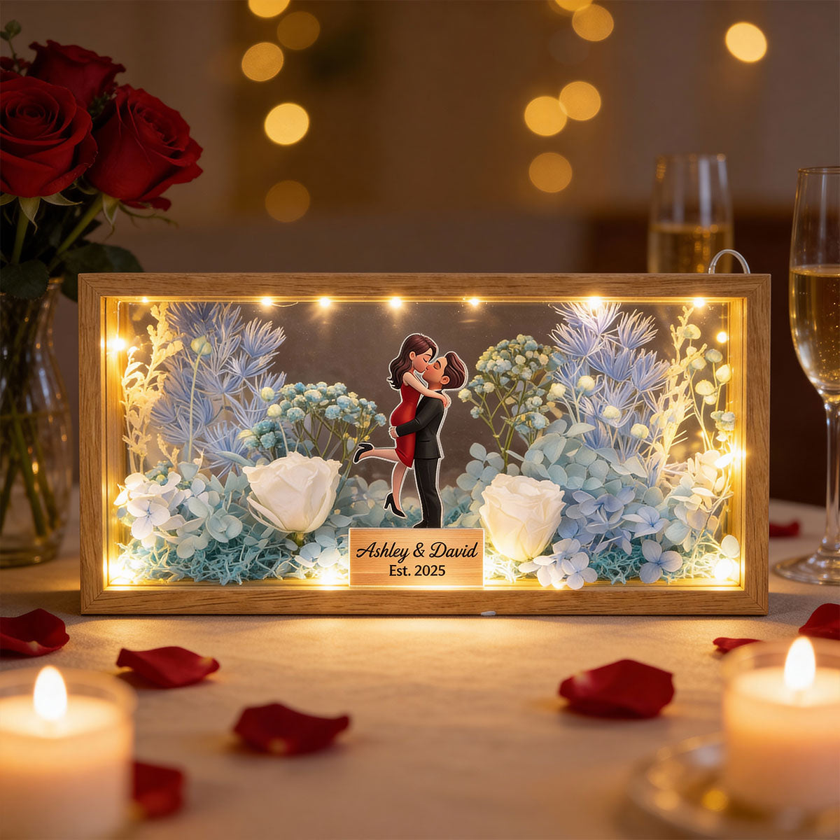 Romantic Couple Hugging Kissing - Personalized DIY Flower Shadow Box LED Night Light - Gift For Couple, For Him, For Her