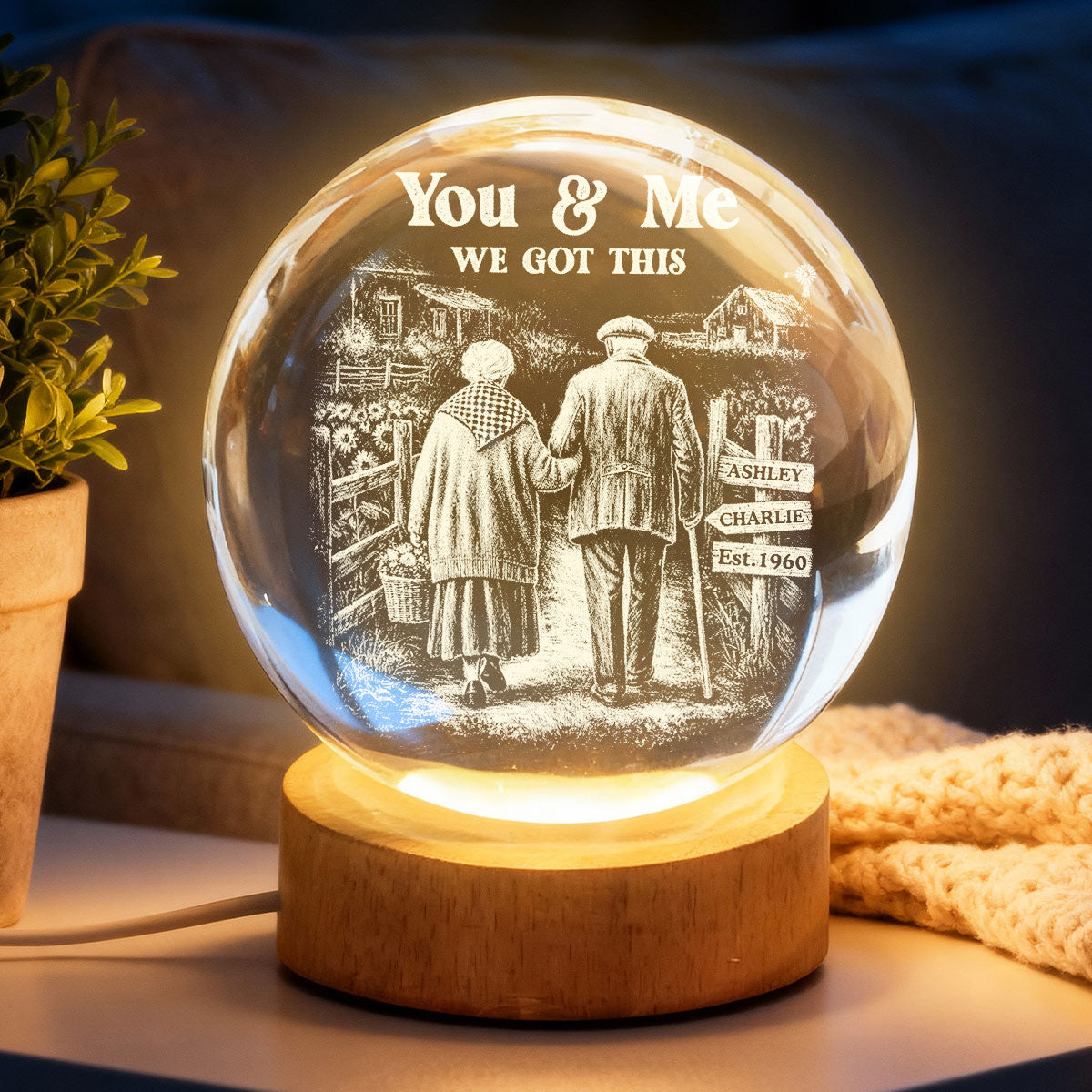 Old Couple Walking Growing Old Together - Personalized Crystal Ball LED Night Light, Heartfelt Valentine's Day Gift For Couple, For Him, For Her
