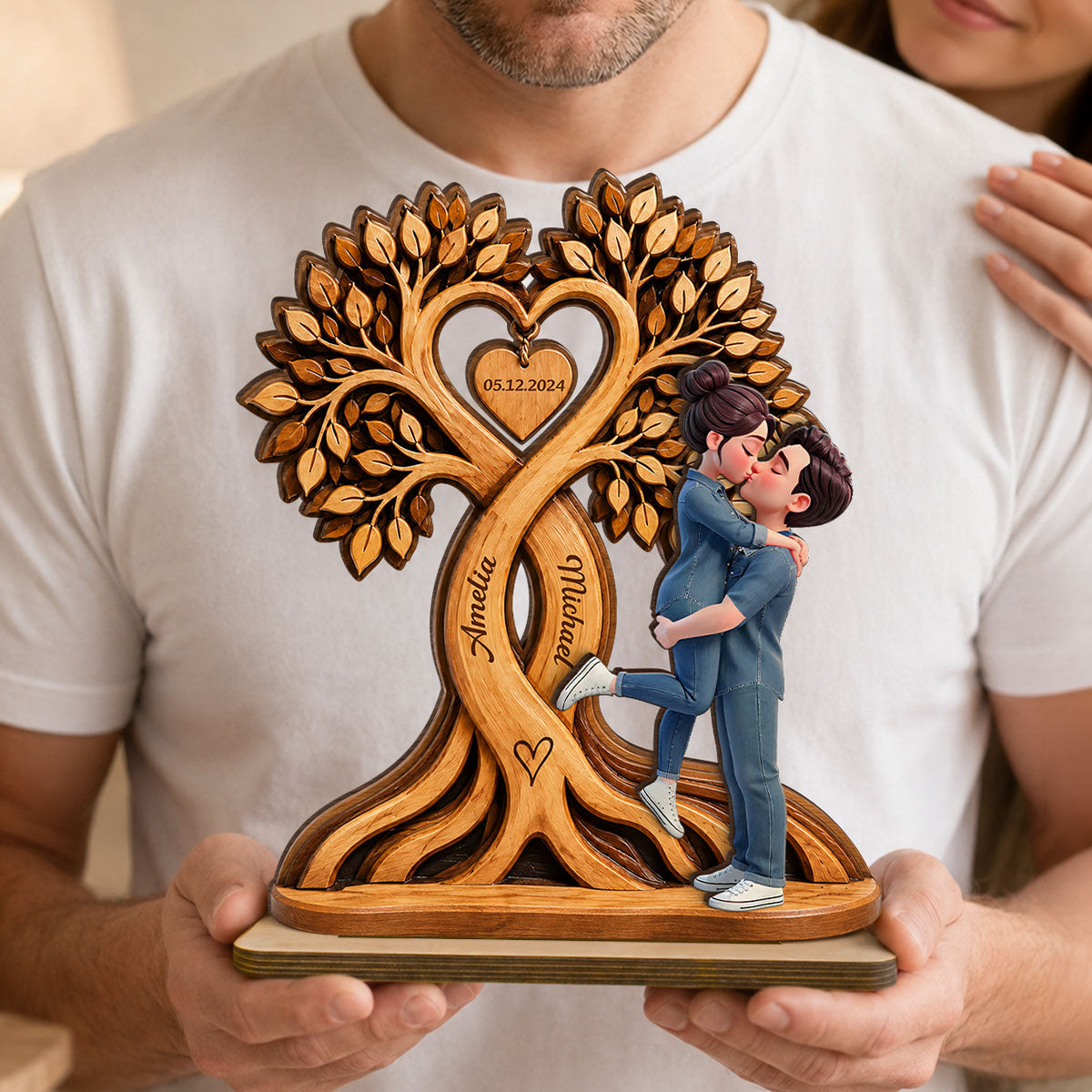 Couple Kissing Under Heart Tree - Personalized 2-Layered Wooden Plaque - Heartfelt Anniversary Gift for Him, for Her