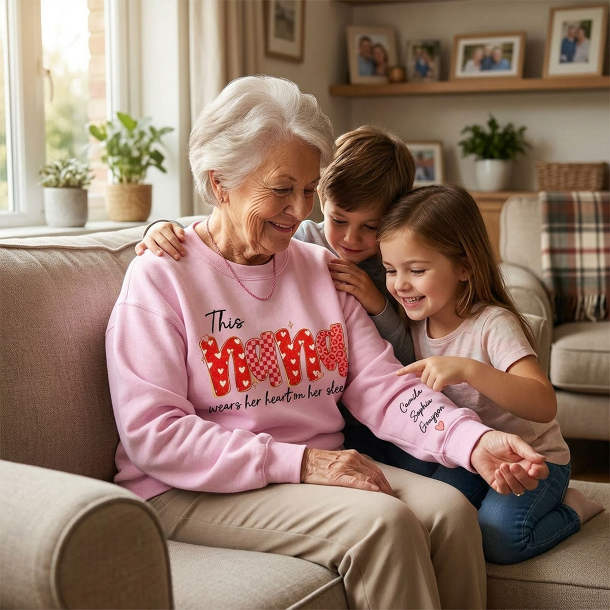 This Nana Wears Heart On Her Sleeve Preppy Pattern - Personalized Sleeve Printed Sweatshirt - Mother's Day Gift For Grandma