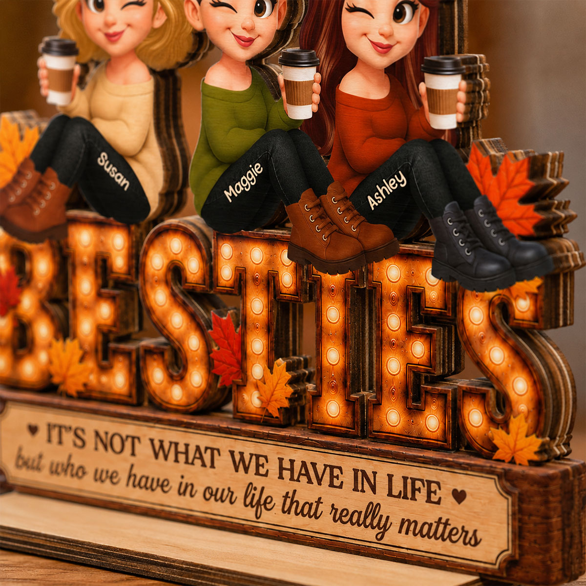 Fall Season Besties Sister Marquee 2D Flat - Personalized Wooden Plaque