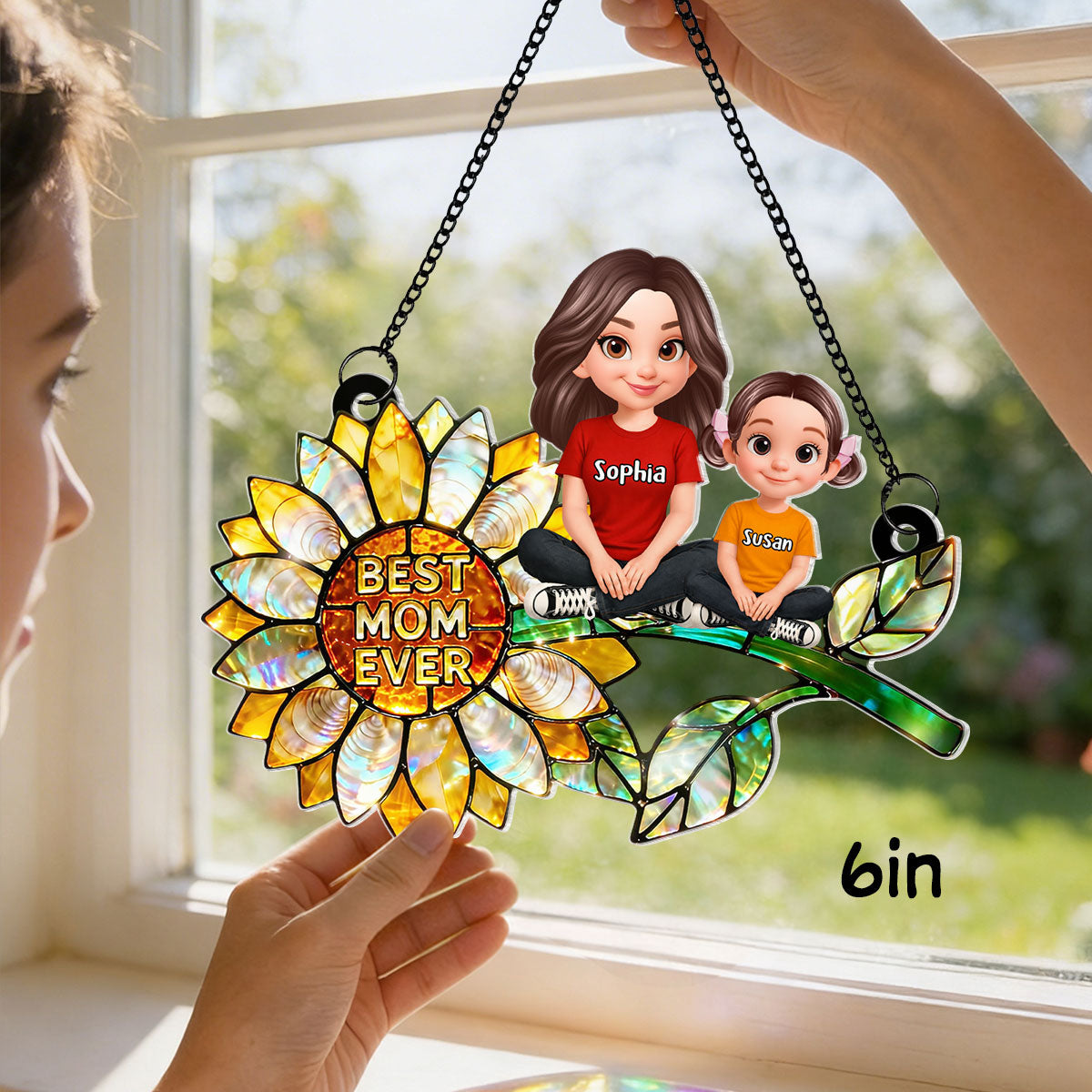 Sunflower Mom and Kids Sitting - Personalized Window Hanging Suncatcher - Mother's Day Gift for Mom, Wife