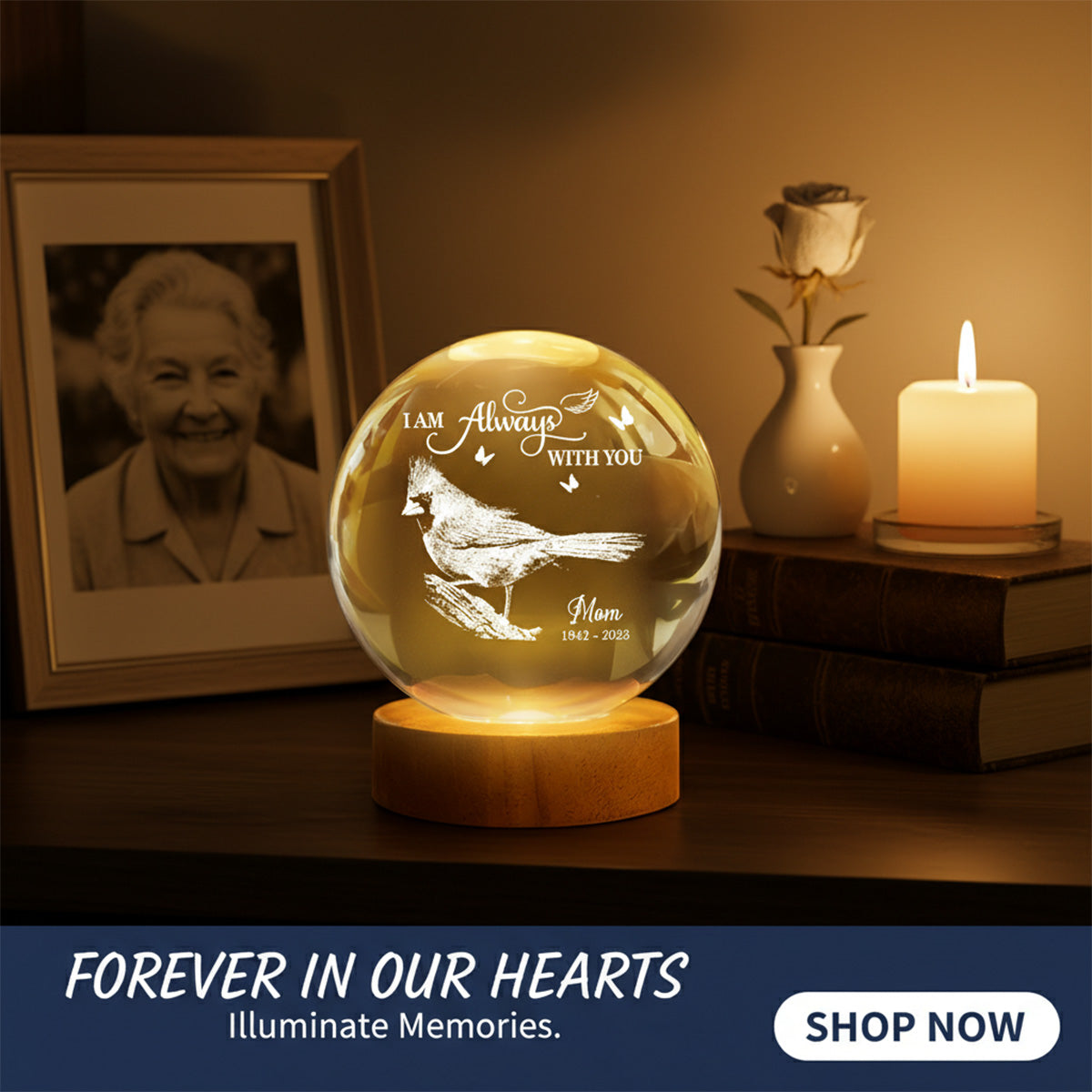 Always With You Cardinal - Personalized Crystal Ball LED Night Light - Memorial Remembrance Keepsake