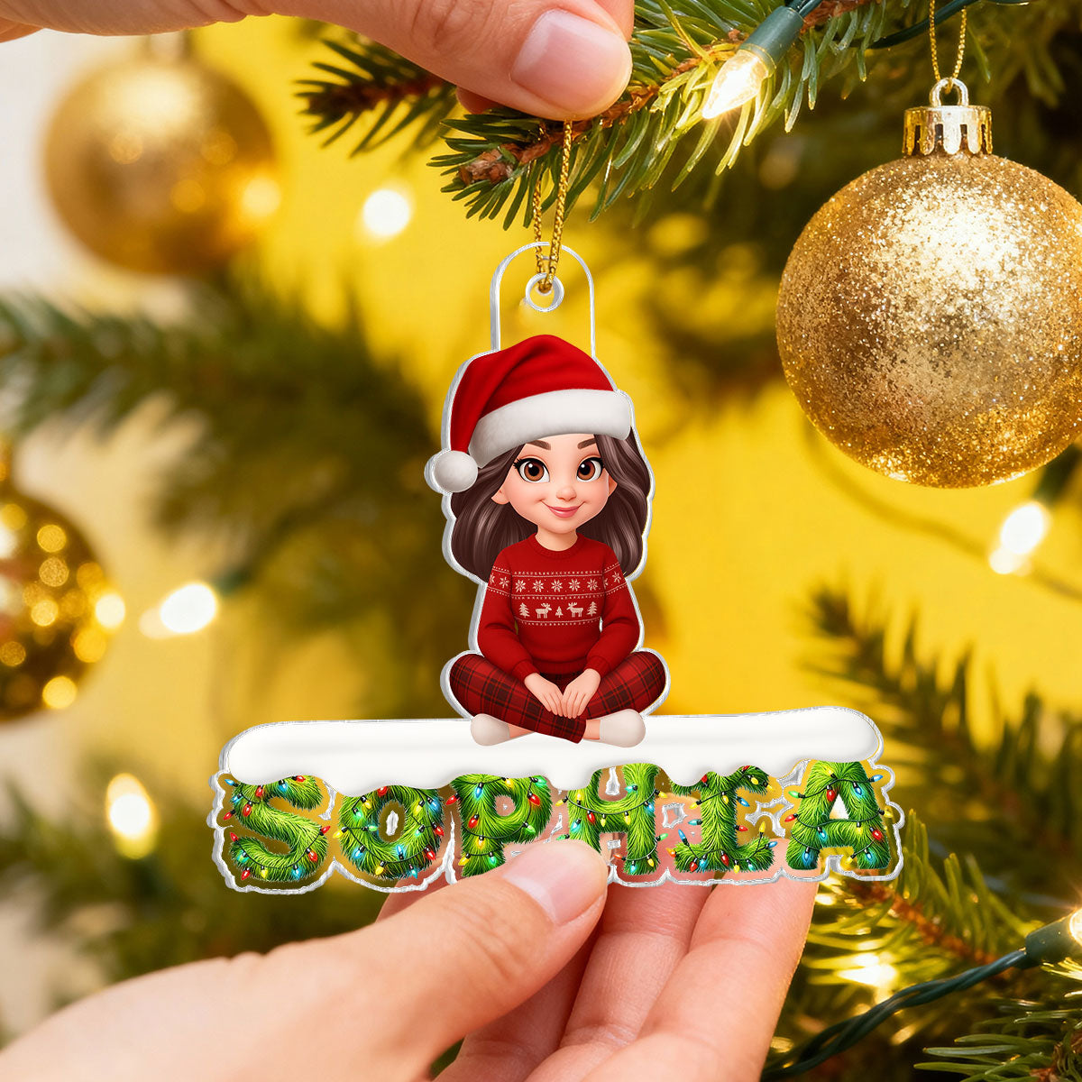 3D Effect Festive Green Pattern Family Member Name - Personalized Acrylic Ornament - Gift For Family