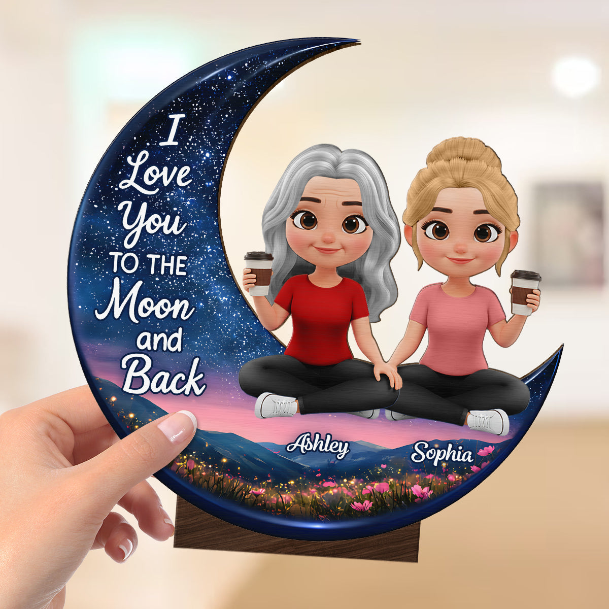 I Love You To The Moon And Back Mom Daughters - Personalized 2-Layered Wooden Plaque - Heartfelt Gift For Mom, Grandma