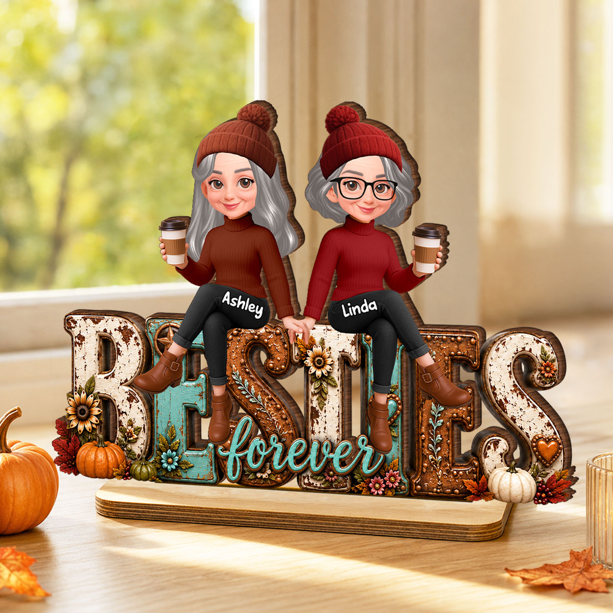 Western Besties Cozy Fall Vibe - Personalized 2-Layered Wooden Plaque - Fall Gift for Best Friends