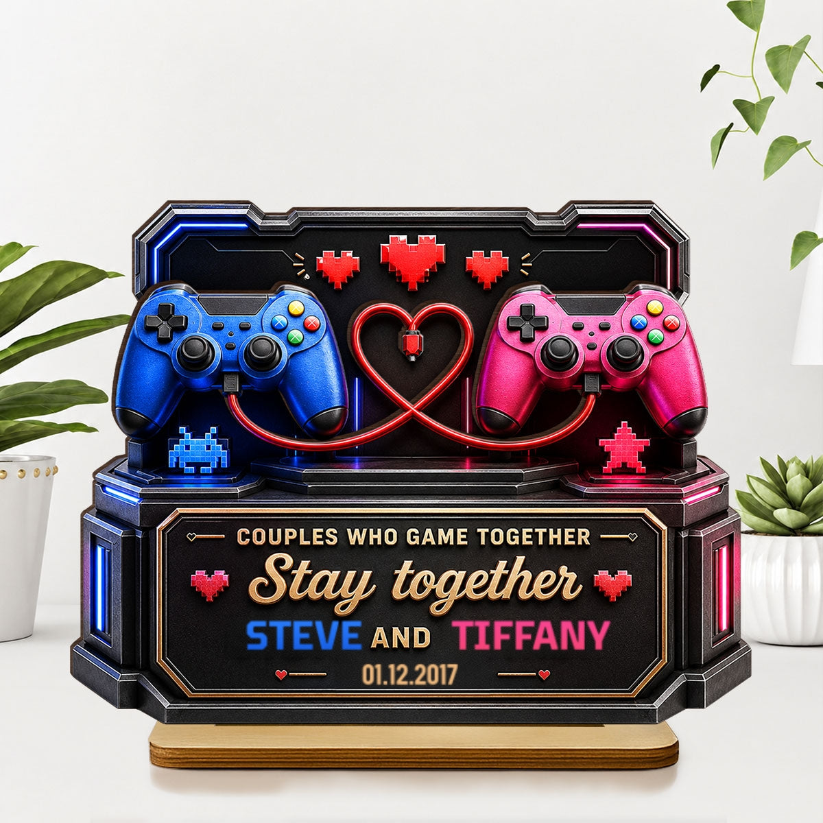 Couples Who Gamer Together Stay Together - Personalized 2-Layered Wooden Plaque - Heartfelt Anniversary Gift for Him, for Her