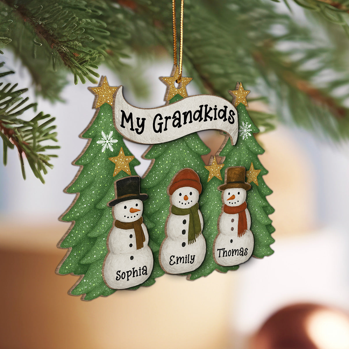 Snowman Grandparent Grandchildren Family Christmas Tree - Personalized 2-Layer Wooden Ornament