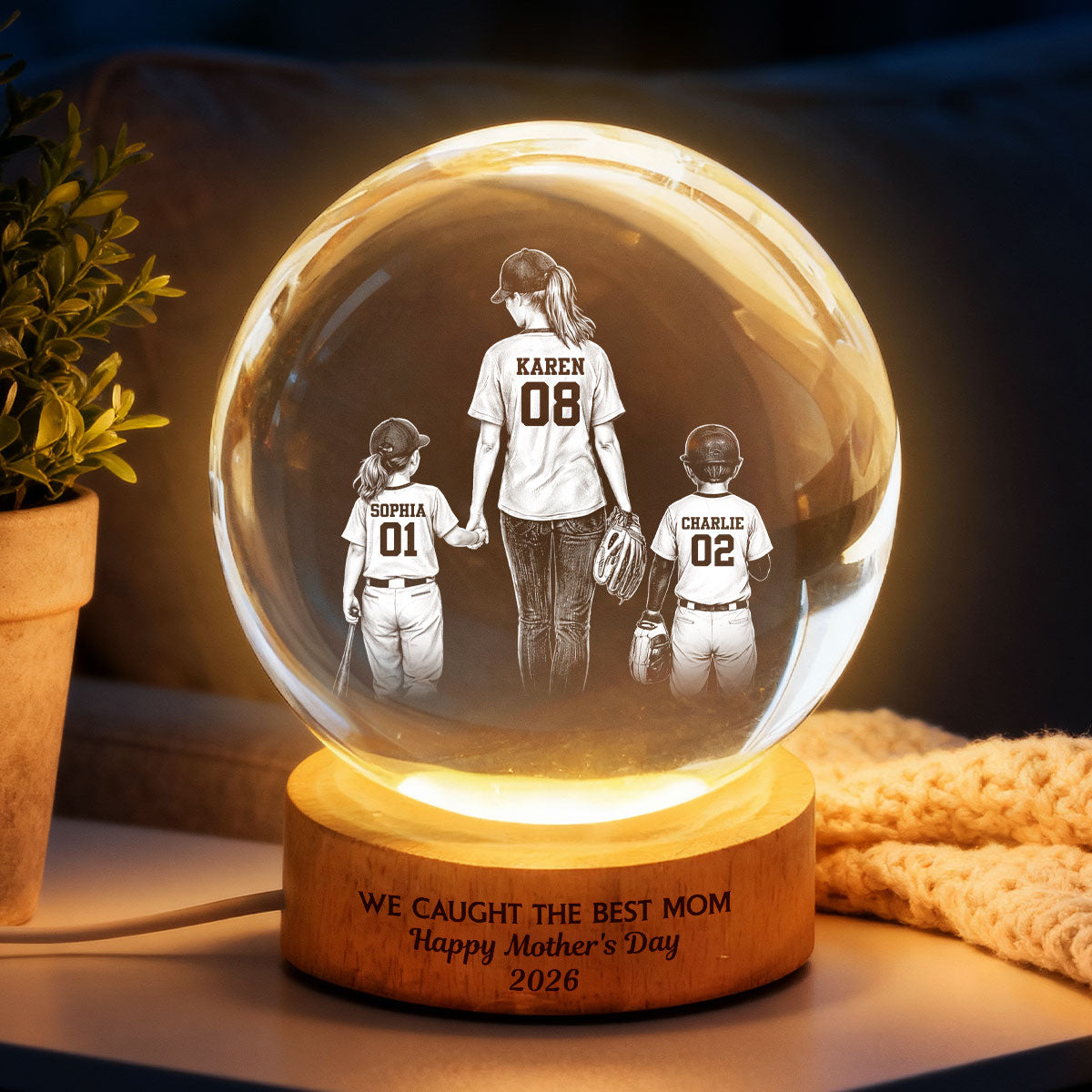We Caught the Best Mom - Personalized Crystal Ball LED Night Light - Mother's Day Gift for Mom, Wife
