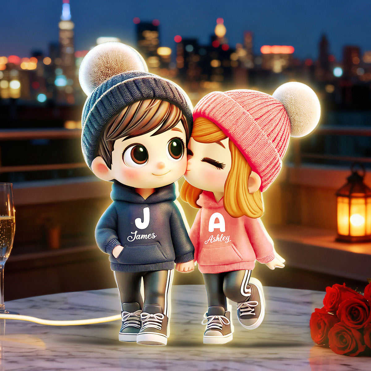 3D Effect Cute Cartoon Couple Walking - Personalized Light Box - Gift for Him, Gift for Her