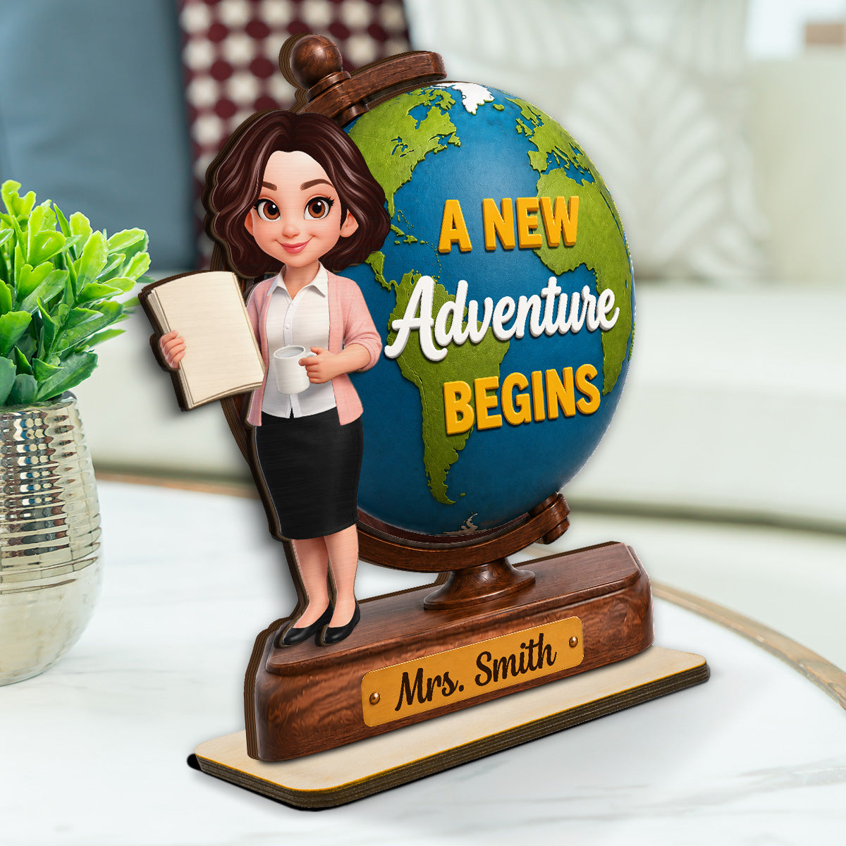 Teacher World Globe 2D Flat - Personalized Wooden Plaque - Back To School Gift