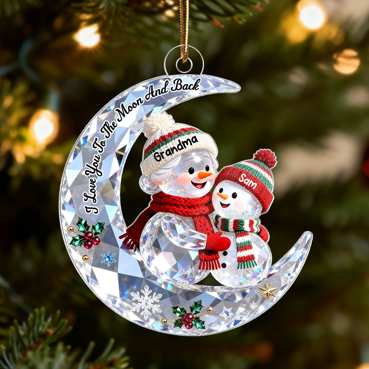 3D Shining Effect Grandma Grandkid Snowman On Moon - Personalized Acrylic Ornament - Heartwarming Gift For Granddaughter, Grandson