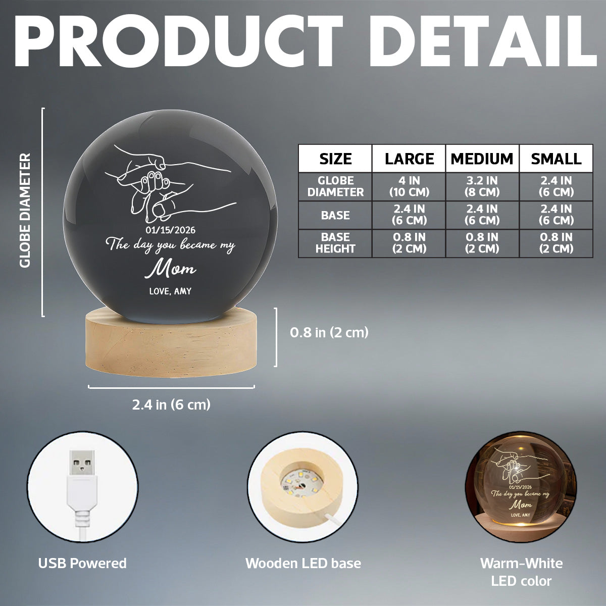 The Day You Became My Mom Mummy Holding Hand First Mother's Day - Personalized Crystal Ball LED Night Light - First Mother's Day Gift For New Mum, New Mom