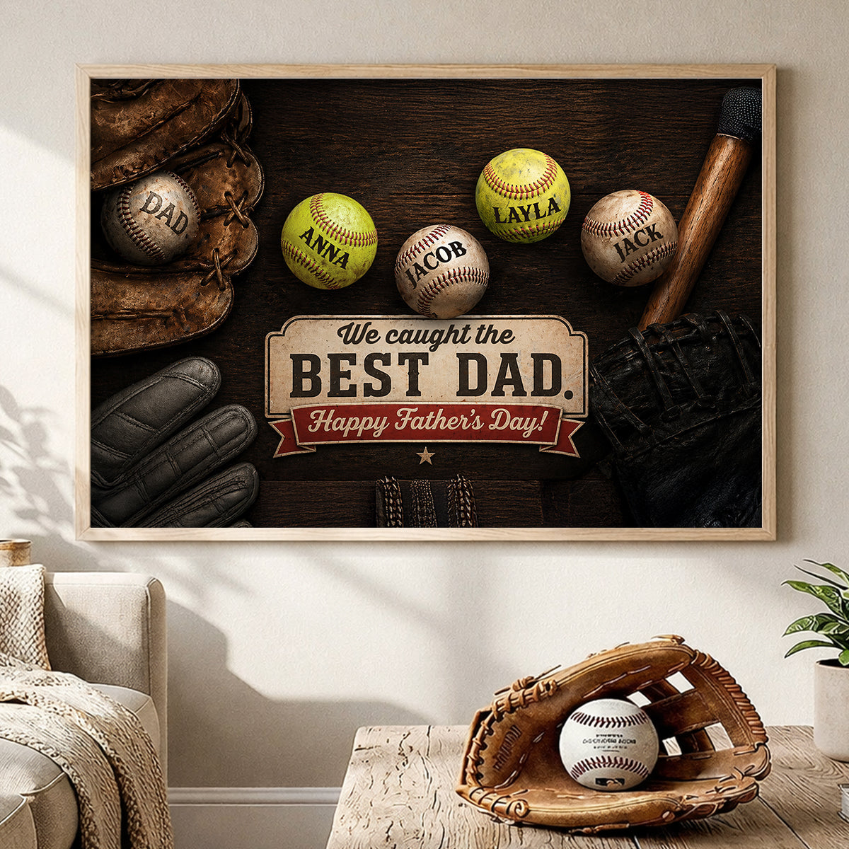 Baseball Dad and Children - Personalized Poster - Father's Day Gift for Dad, Husband