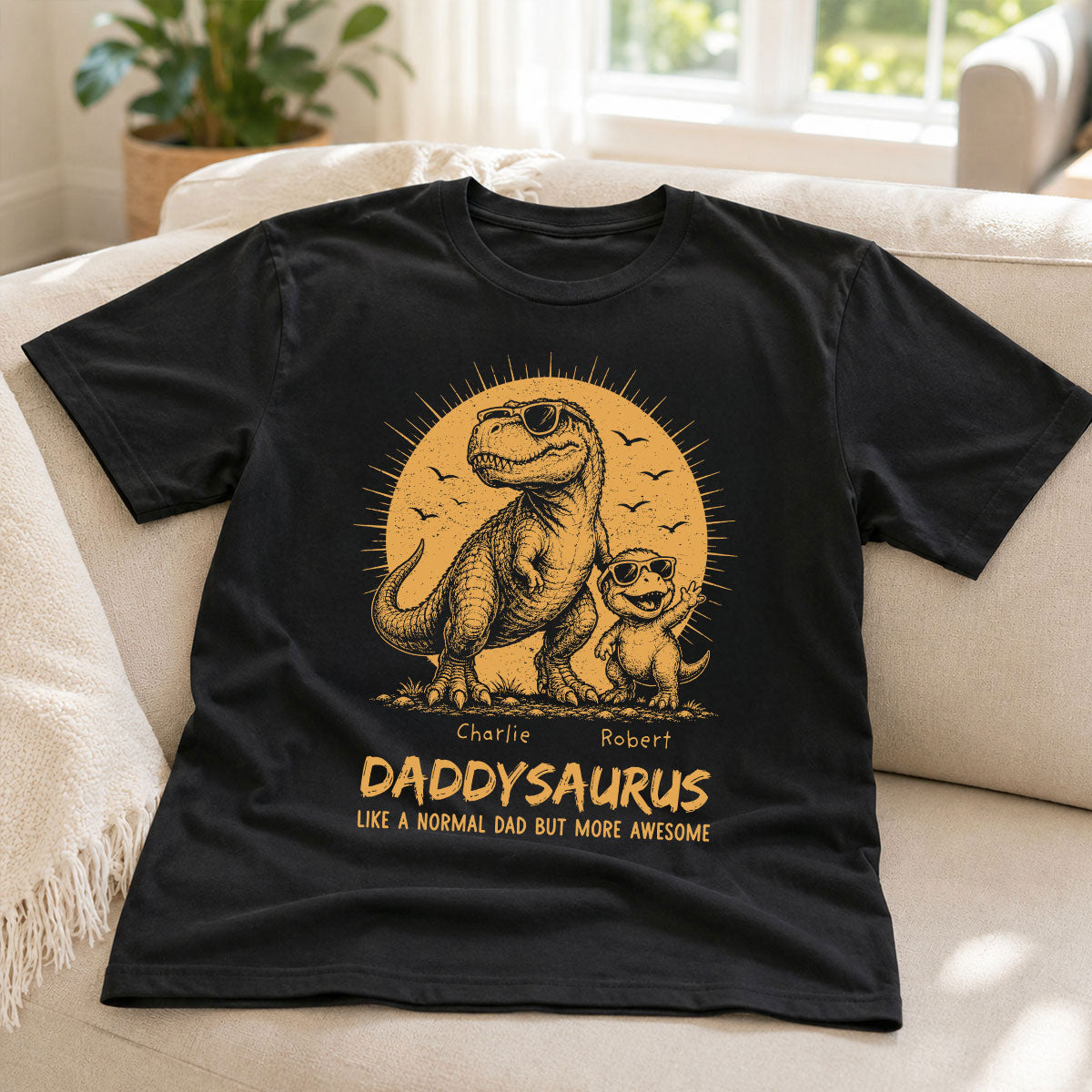 Retro Yellow Vintage Daddysaurus - Personalized Shirt - Funny Father's Day Gift For Dad, Husband