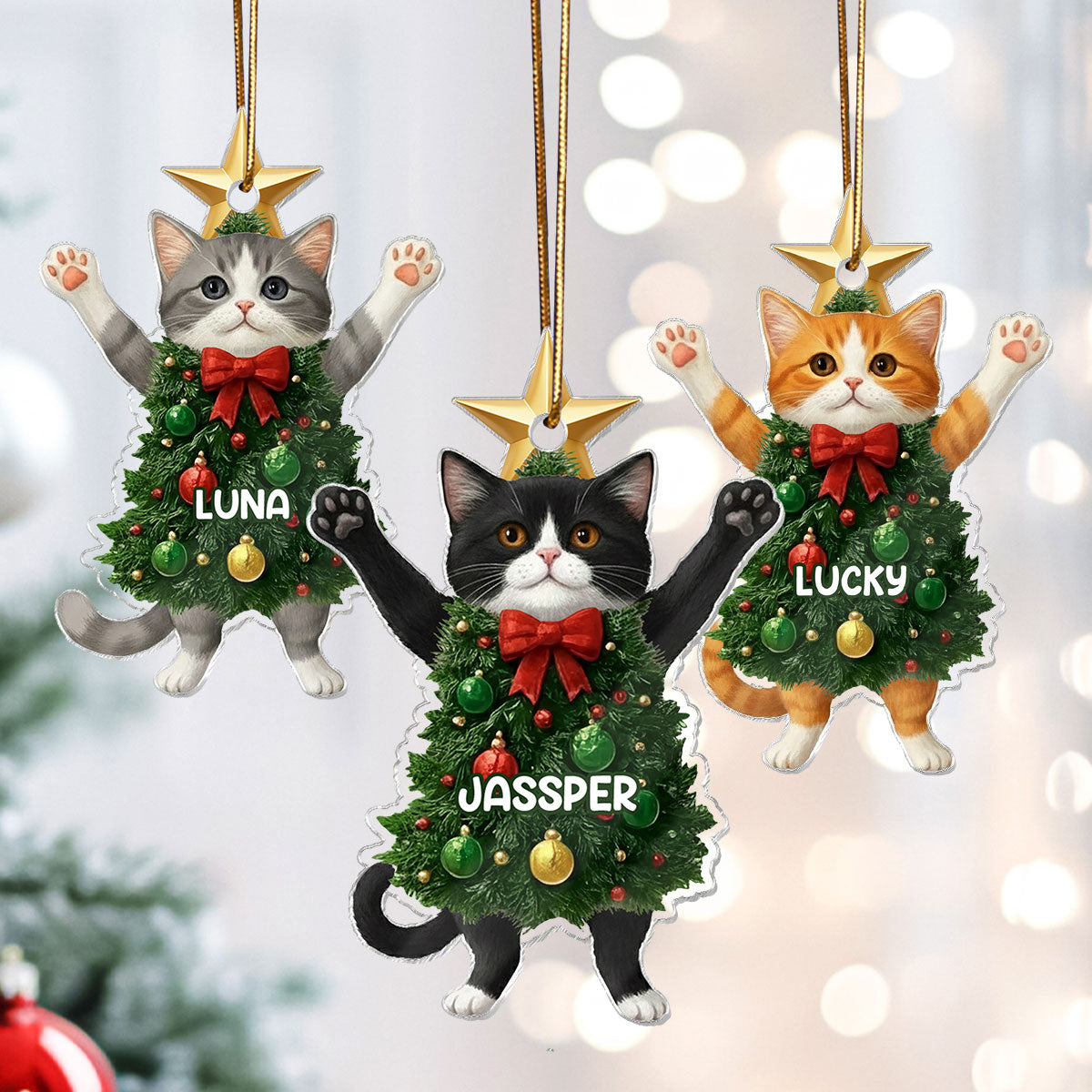 3D Effect Whimsical Christmas Cat - Personalized Acrylic Ornament - Gift For Cat Lover