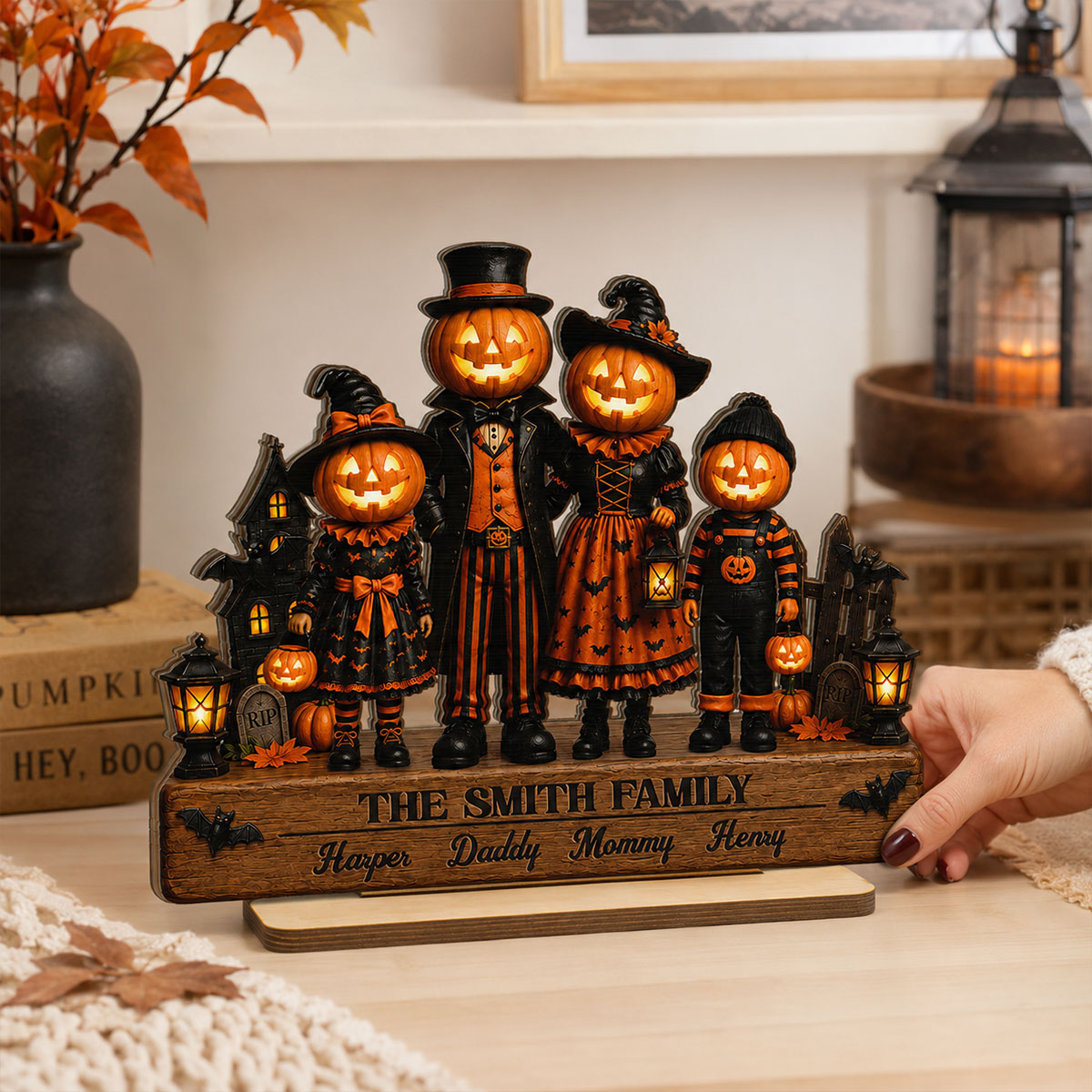 Halloween Jack-o'-lantern Family 2D Flat - Personalized Wooden Plaque