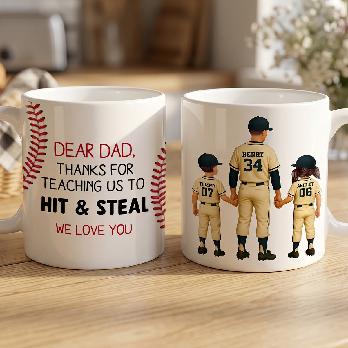 Thank You For Teaching Us To Hit & Steal Baseball Dad & Kids - Personalized Mug - Father's Day Gift For Dad, Husband