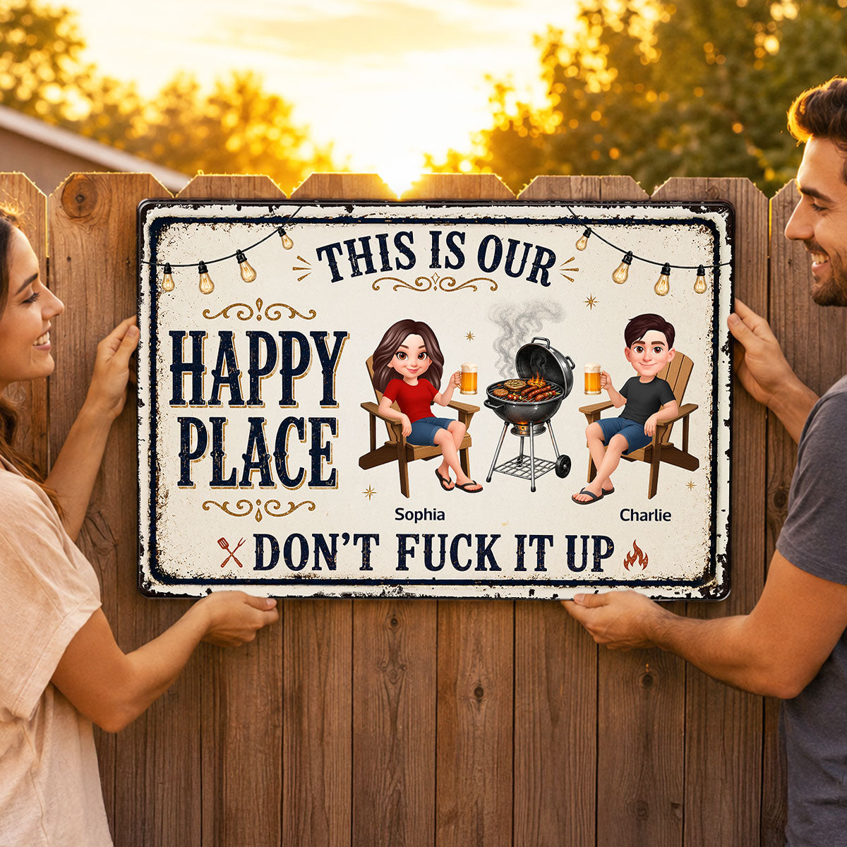 This Is Our Happy Place Backyard Bar Grilling - Personalized Metal Sign - Funny Sarcasm Summer Decoration