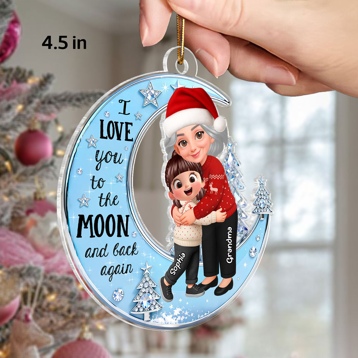 3D Shining Effect Grandma Grandkid On Moon - Personalized Acrylic Ornament - Gift For Granddaughter, Grandson
