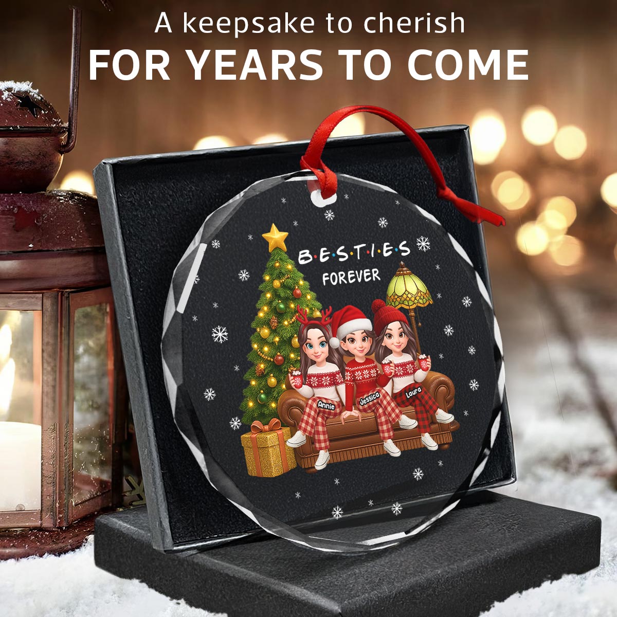 Christmas Festive Besties Forever Christmas Tree - Personalized Glass Ornament - Christmas Gift For Best Friends