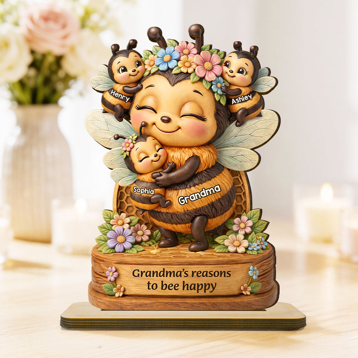 Grandma Mom's Reasons to Bee Happy - Personalized 2-Layered Wooden Plaque - Mother's Day Gift for Grandma, Mom