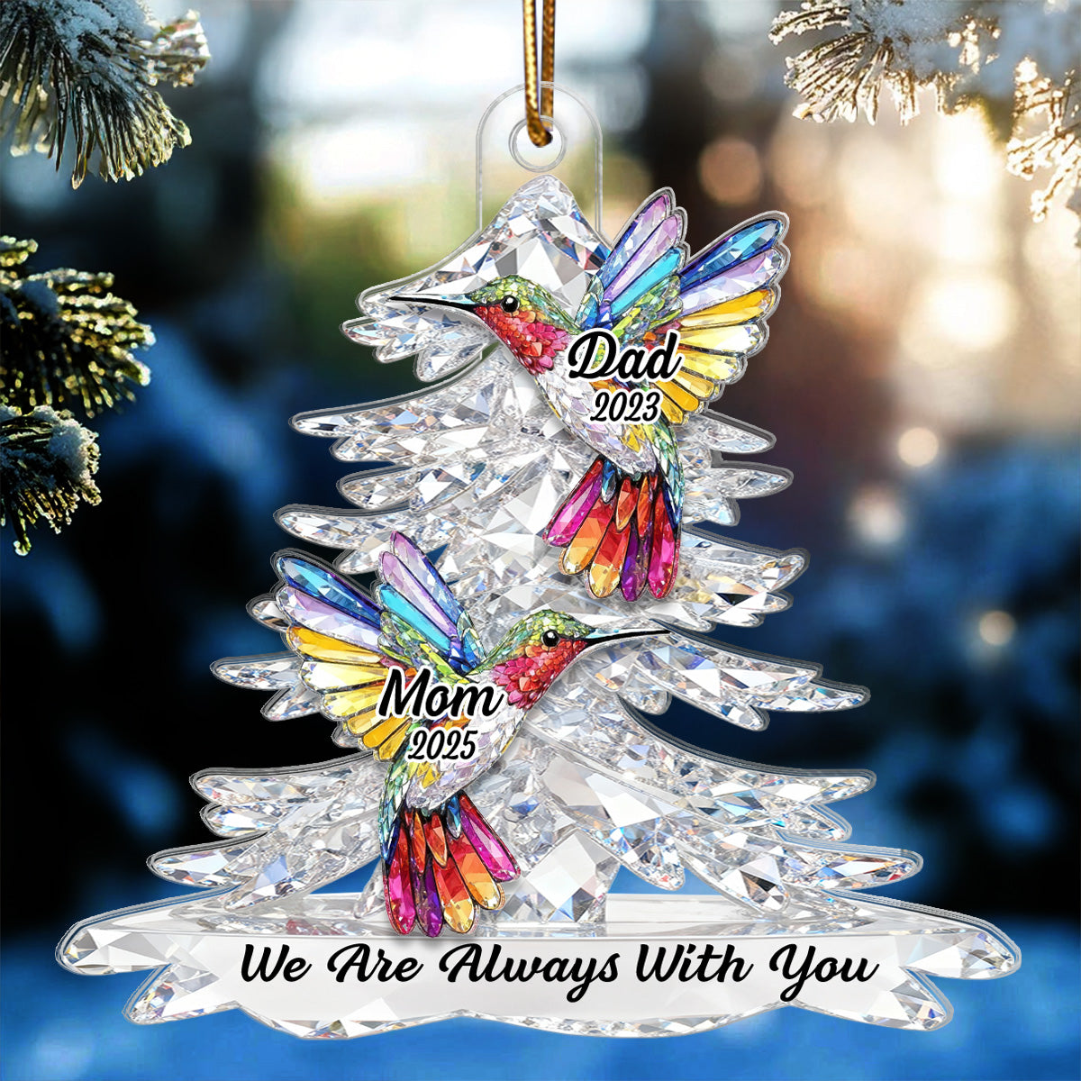 3D Effect Flat Christmas Tree Hummingbird Memorial - Personalized Acrylic Ornament - Remembrance Gift, Sympathy Gift