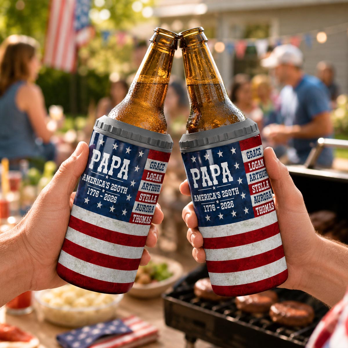 Proud American Dad Grandpa Custom Kids Name - Personalized 4-in-1 Can Cooler