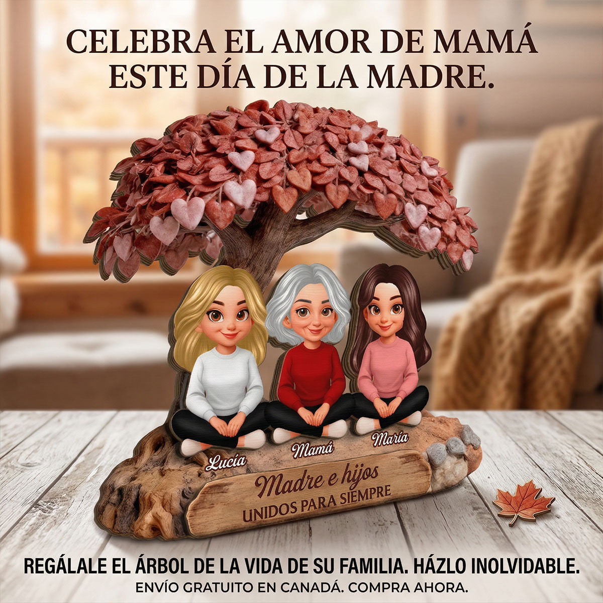 Mamá y Hija Hijo Bajo el Árbol del Corazón - Placa de Madera Personalizada de 2 Capas - Regalo para Mamá