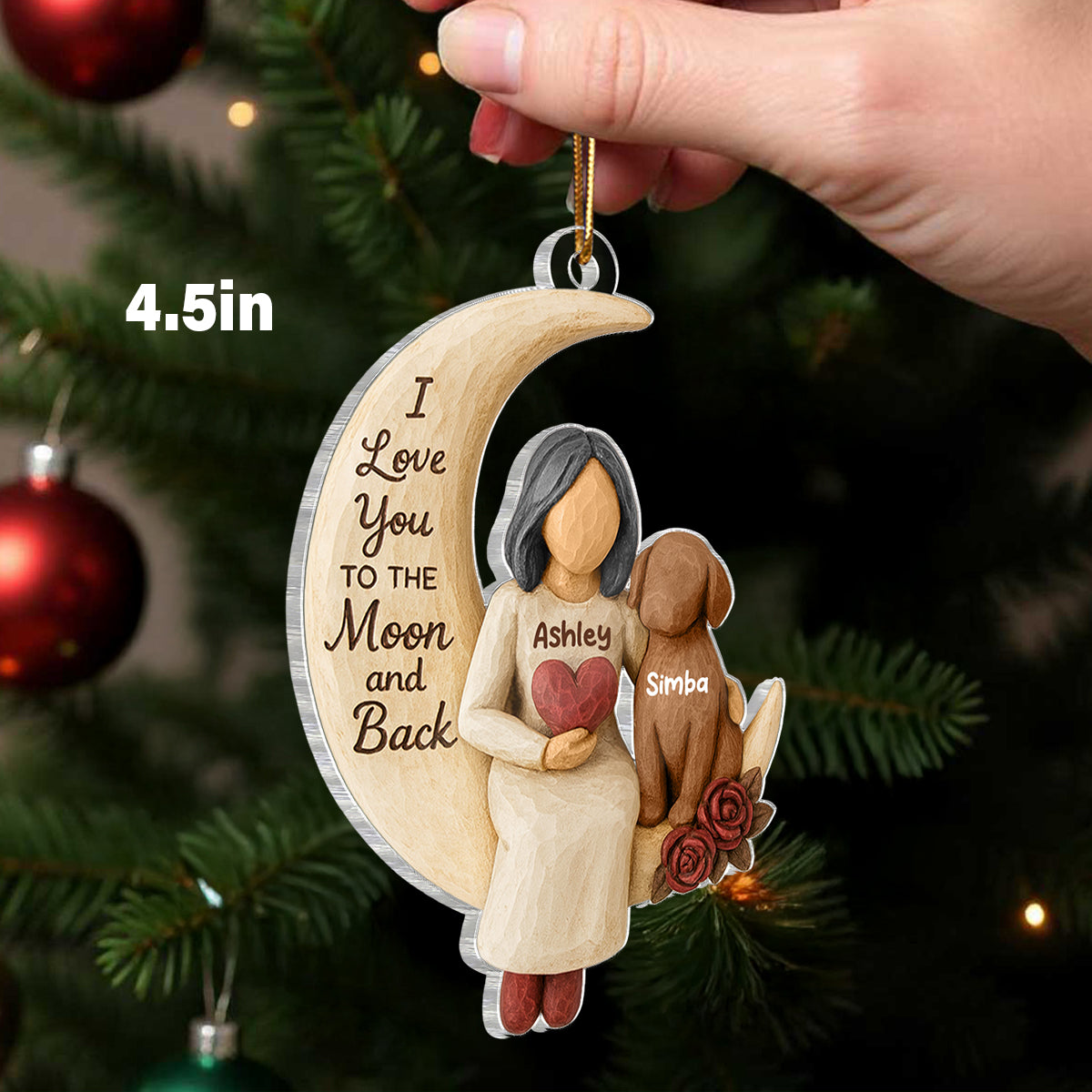 Woman and Dog Love to the Moon - Personalized Acrylic Ornament - Heartfelt Christmas Gift for Dog Mom, Pet Memorial Keepsake