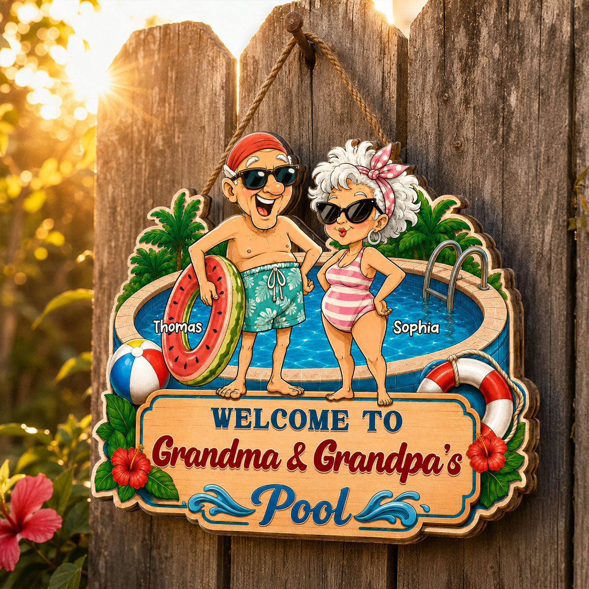 Welcome To Grandma & Grandpa's Pool 2D Flat - Personalized Pool Wooden Sign - Poolside Decor For Grandparents