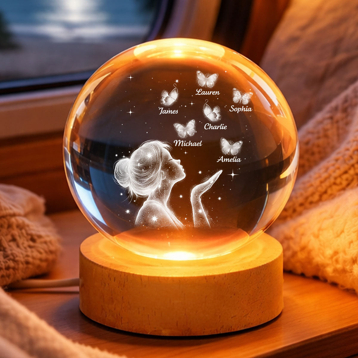 Grandma Mom Butterflies Kiss - Personalized Crystal Ball LED Night Light - Sentimental Gift for Grandma, Mom